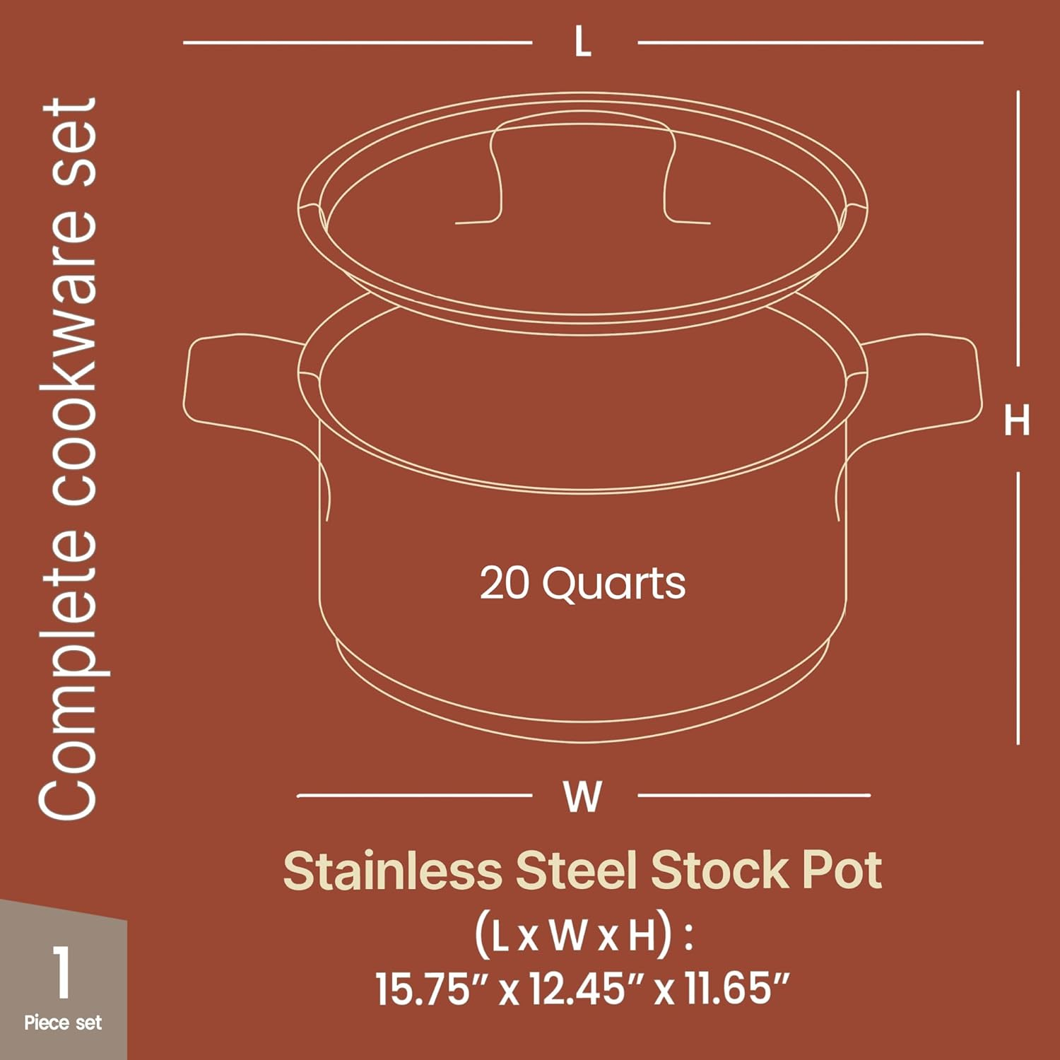 Stockpot &ndash; 20 Quart &ndash; Brushed Stainless Steel &ndash; Heavy Duty Induction Pot with Lid and Riveted Handles &ndash; for Soup, Seafood, Stock, Canning and for Catering for Large Groups and Events by BAKKEN image number 1