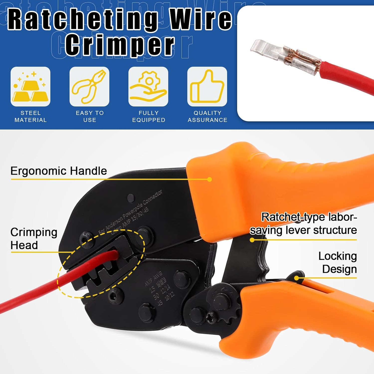 Glarks 31Pcs Power Connector Crimper Assortment Kit Set Including Ratcheting Wire Crimper with 15A 30A 45A Power Connectors and Cap Compatible with Anderson Connector image number 4