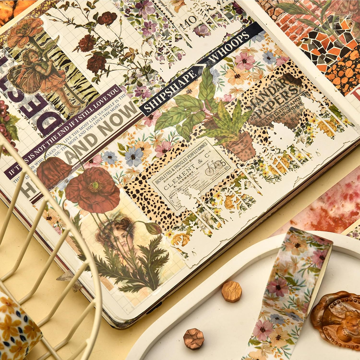 8 Rolls Retro Washi Tape Set Vintage Arts Adhesive Tapes Wide Painting Patterned Decorative Masking Tape Sets for Craft, Kids, Scrapbook, DIY, Gift Wrapping (Flowers & Plants) - Mottled Oil Paint image number 7