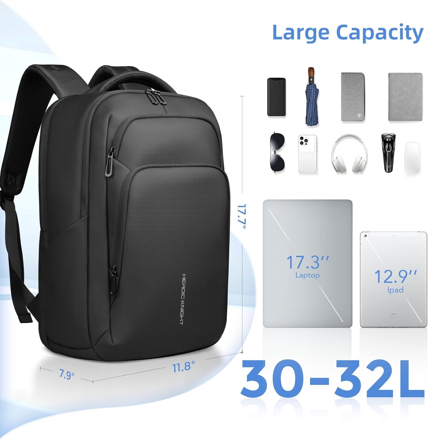 17.3 Inch Laptop Backpack for Travel Work Office College, 30L Water Resistant Casual Daypack, Lightweight Computer Backpack for Men Women, Business Laptop Bag with USB Charging Port - Black image number 2