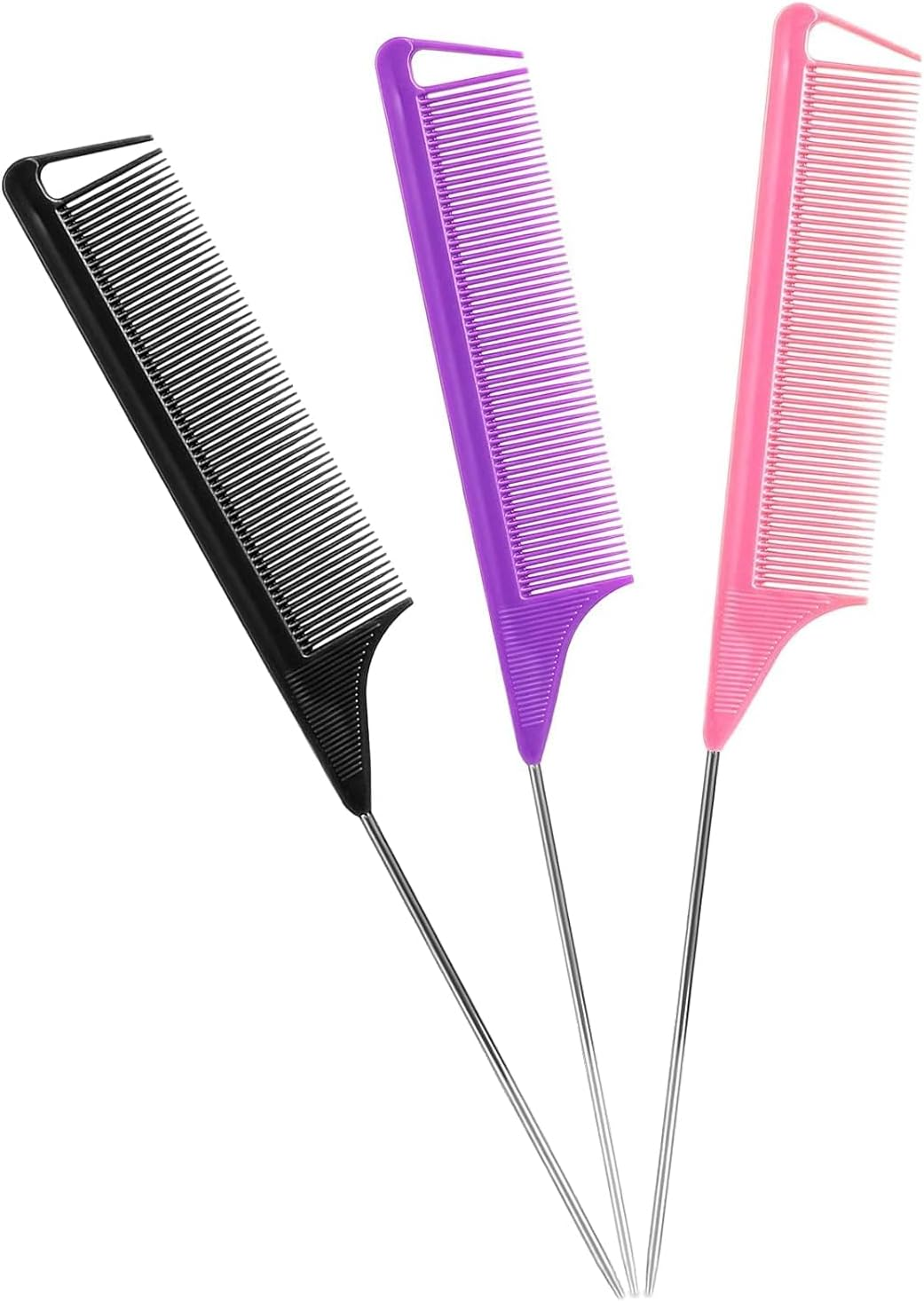 3 Pack Rat Tail Comb, Long Steel Pin Teasing Combs with Stainless Steel Pintail for Salon Hair Stylists, Metal Parting Combs for Women, Purple/Black/Pink image number 4
