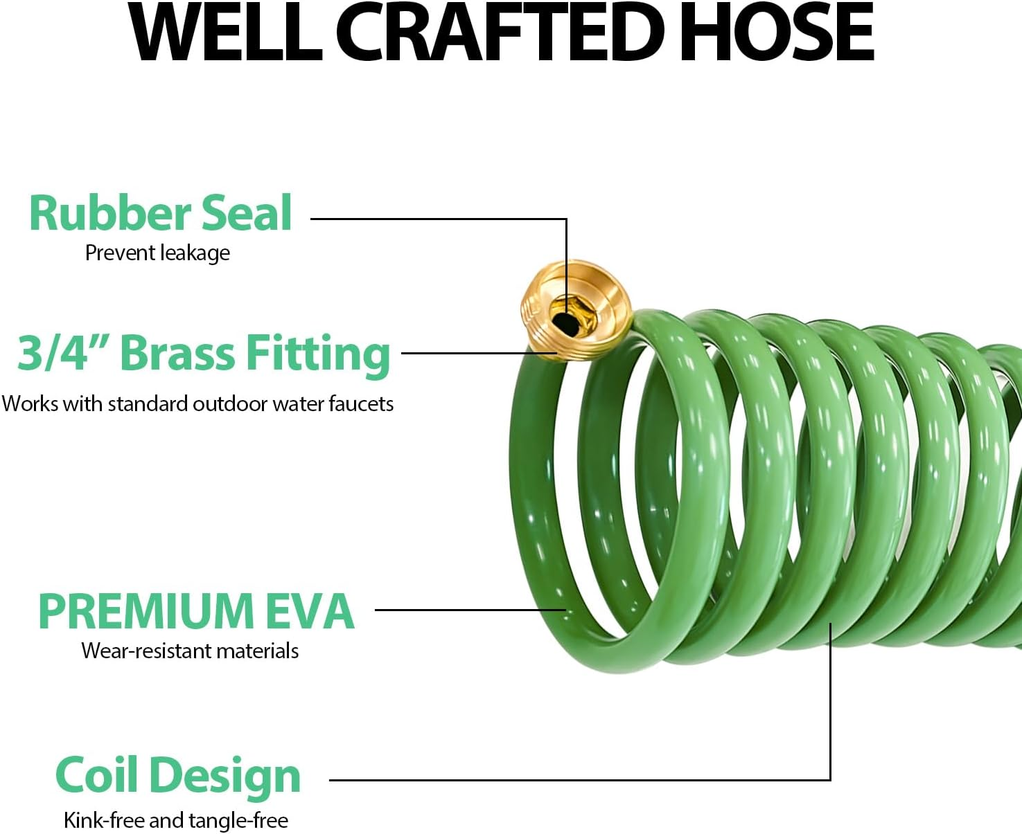 Sutekus Coil Hose Water Hoses Coiled Boat Hose Lightweight Self Coiling Garden Hose with 3/4 Inch Brass Fittings (25FT) image number 1