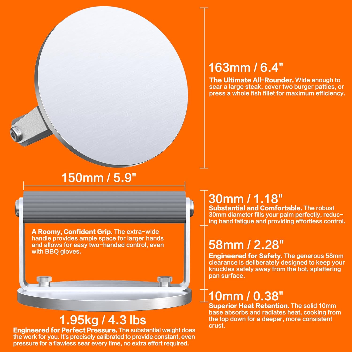 The Artisan Sear Press by QAP | Heavy Duty 1.95Kg Stainless Steel Grill Press for Smashed Burgers, Steak & Bacon | with Forge-Proof Flame-Retardant Handle | 163Mm round BBQ Hot Plate Accessory/Bp1-01 image number 5