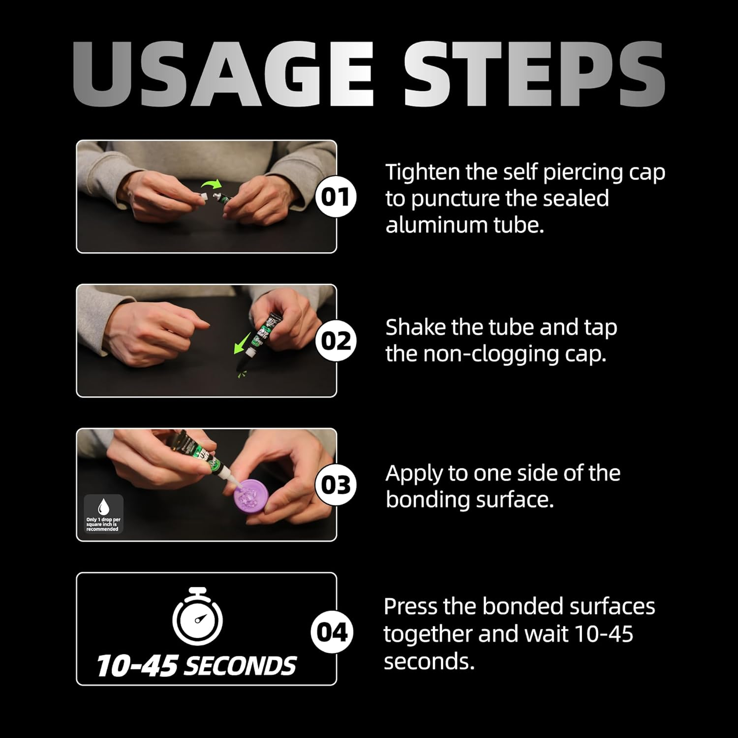 CAMALEAO Super Glue Gel, Single-Use All Purpose Cyanoacrylate (CA) Glue with Self Piercing Cap, 2900 PSI High Strength Instant Adhesive for Plastic, Metal, Glass, Ceramic, Wood and More - 4 X 3G image number 6