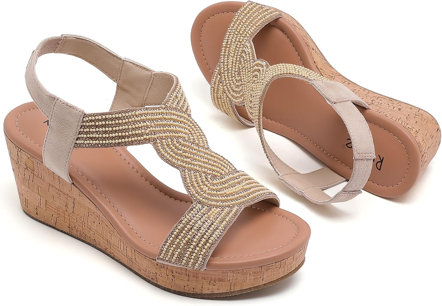 Ruiee Wide Width Wedge Sandals for Women, Ankle Strap Sparkly Rhinestone Open Toe Summer Dressy Shoes Platform Wedding Prom Women Sandals. image number 2