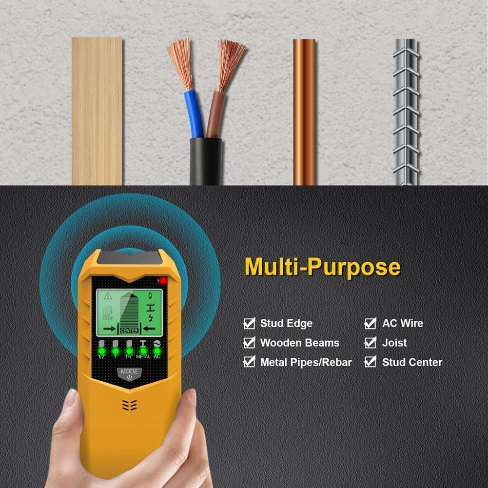 Stud Finder Wall Scanner,5 in 1 Multifunction Stud Detector Electronic Detector with Audio Alarm and LCD Display for the Center and Edge of Wood, AC Wire, Metal and Studs Detection (Yellow) image number 2