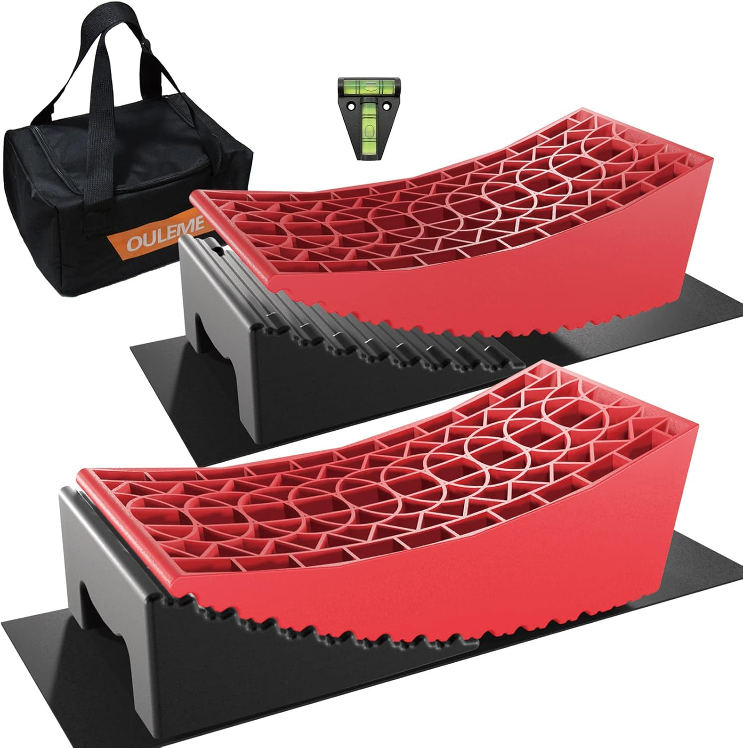OULEME RV Leveler, Camper Leveling Blocks 2 Packs for Dual Axle Tandem Wheel Travel Trailer Motorhome, Include 2 Curved Leveler Ramp, 2 Chock, 2 Rubber Mat, 1 T Bubble Level, 1 Carry Bag image number 5