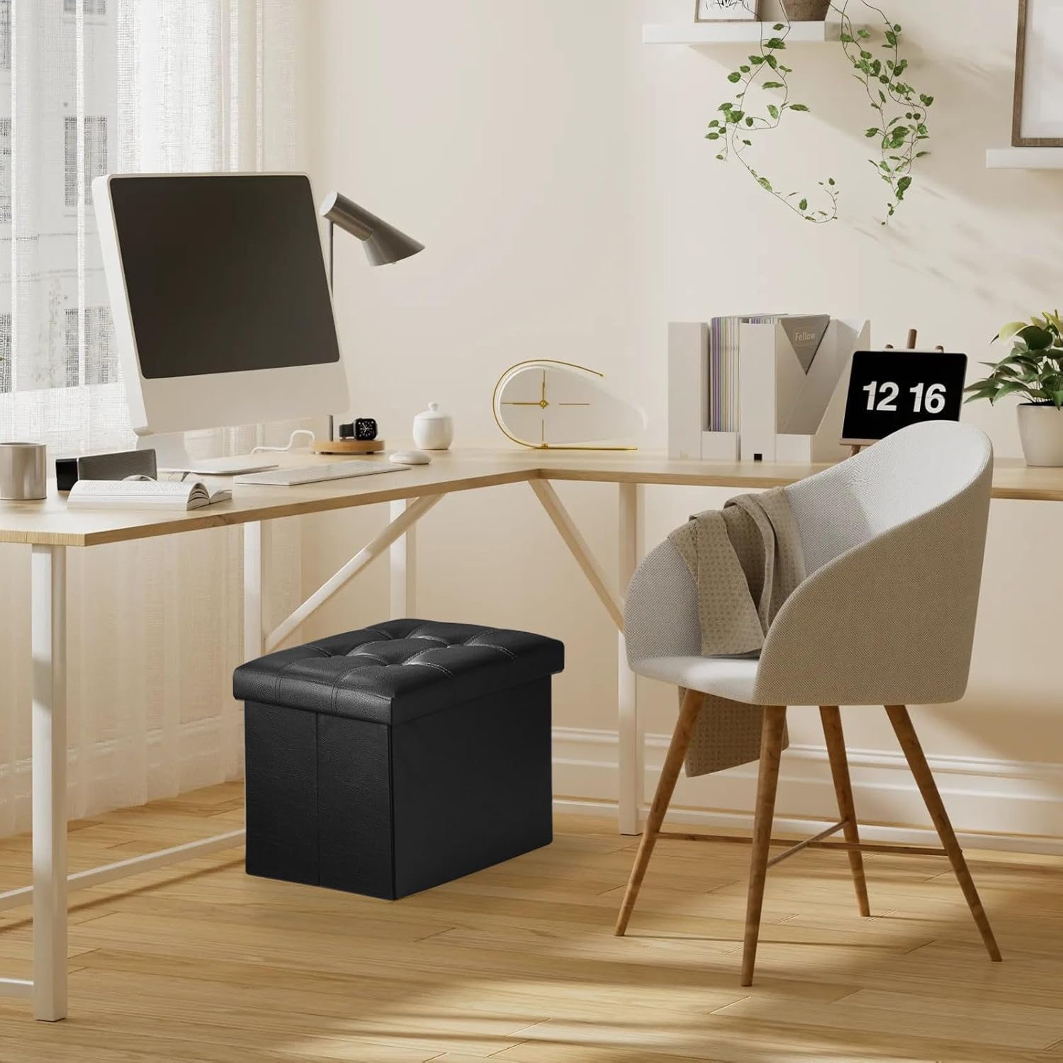 Folding Storage Foot Rest Footstool with Side Pocket, Foot Rest for Couch, Leather Ottoman Seat for Couch, Living Room Bedroom or Dorm, Padded with Thick Sponge, 17X12X12In Black image number 4