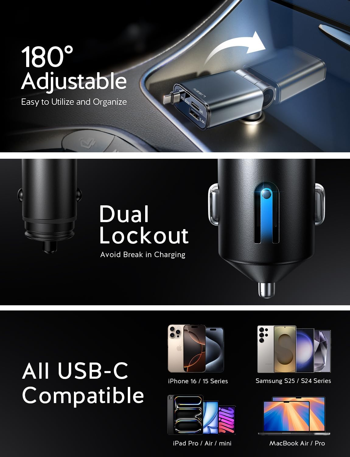 LISEN Retractable Car Charger USB C Fast Charging,【75% Less Space,Ultra Mini】57W Fast Car Charger Retractable for Iphone 16E 16 15 Pro Max Plus，Samsung Galaxy S25 S24 Ultra Plus，Android，Usb C Devices image number 2