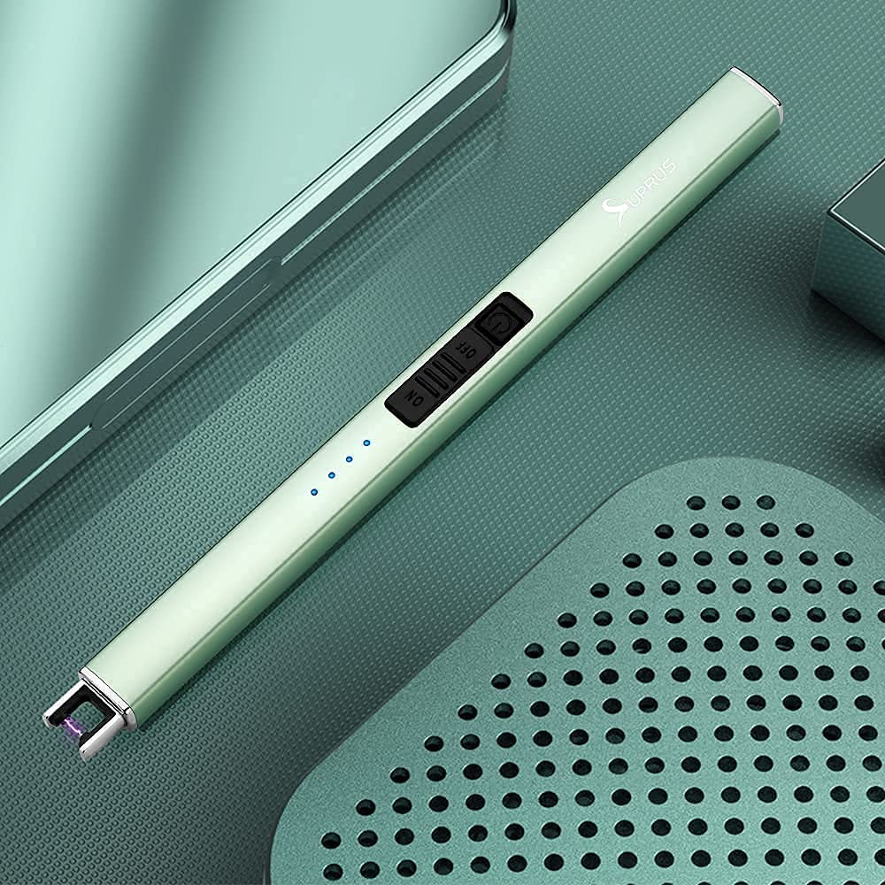 SUPRUS Electric Arc Windproof Lighter Flameless USB Rechargeable Lighter with Safety Lock for Candle BBQ Camping (Green)