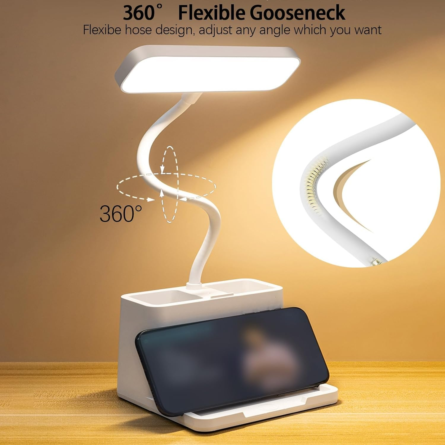 Cordless Desk Lamp, LED Desk Lamp with Pen/Phone Holder, Rechargeable Study Table Lamp with 360&deg; Gooseneck, for Kids/Student/College Dorm/Office image number 3