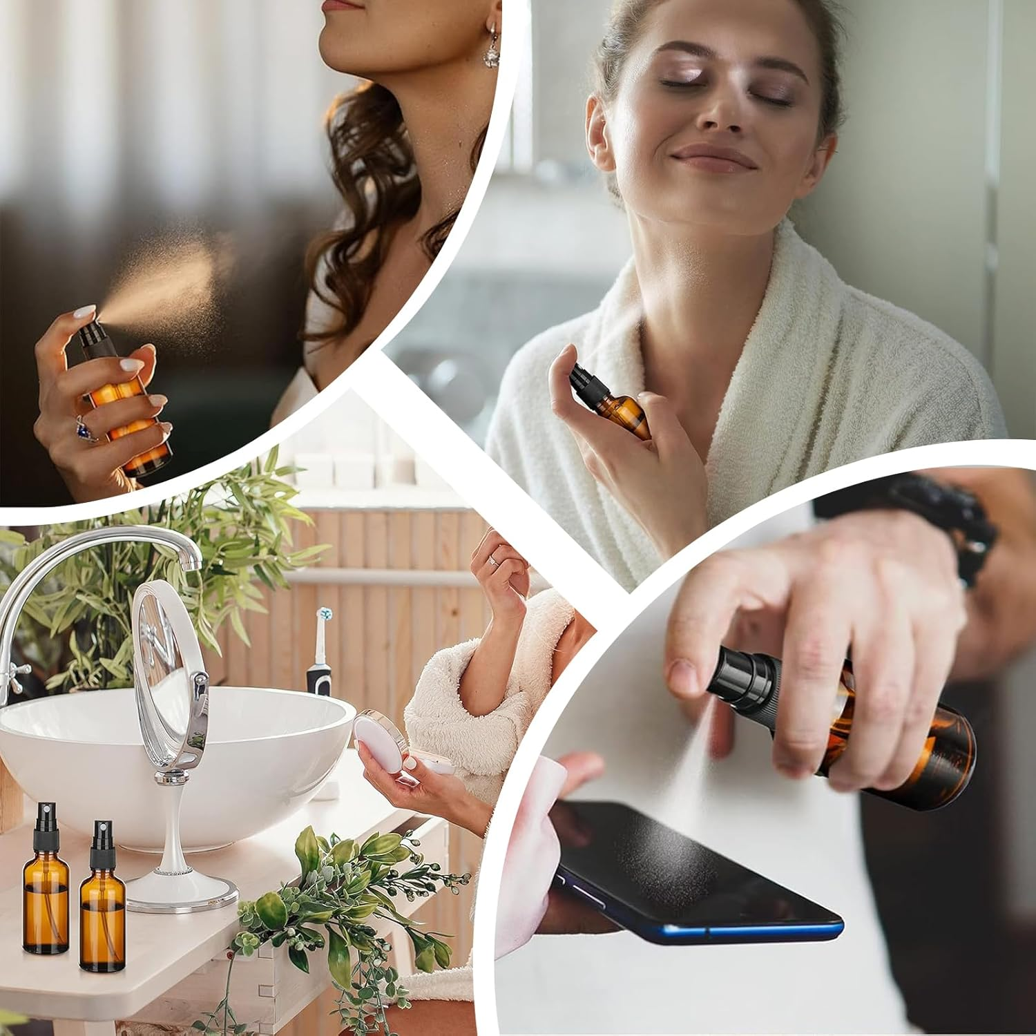 5 Pack Empty Amber Glass Bottles with Fine Mist Sprayer & Dust Cap, 50/100Ml Spray Roller Bottles, Refillable Glass Spray Bottles Containers for Essential Oil, Plants Water Cleaning Liquid (100ML) image number 2