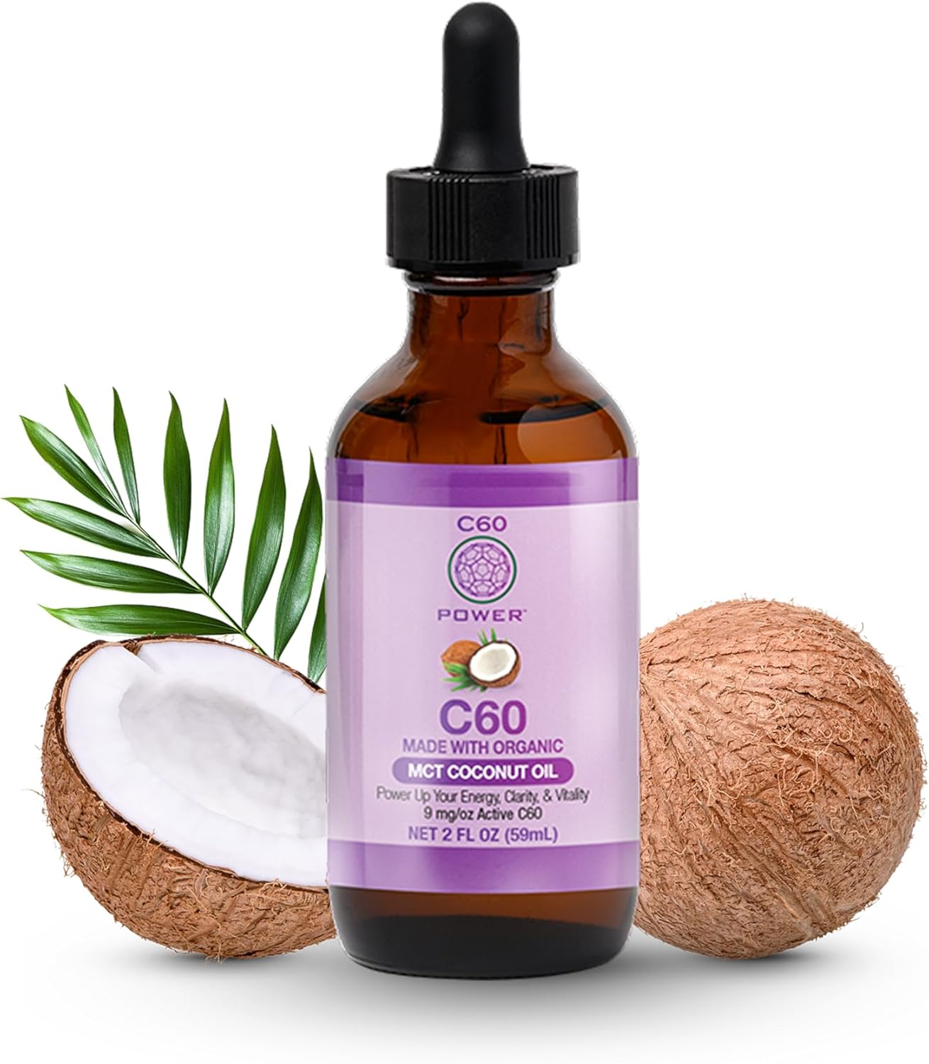 C60 Power - MCT 2-Oz.- Organic MCT Coconut Oil, 2 Fl Oz, 99.99% Pure Carbon Fullerenes, Lift Oxidative Burden, Optimize Mitochondrial Function