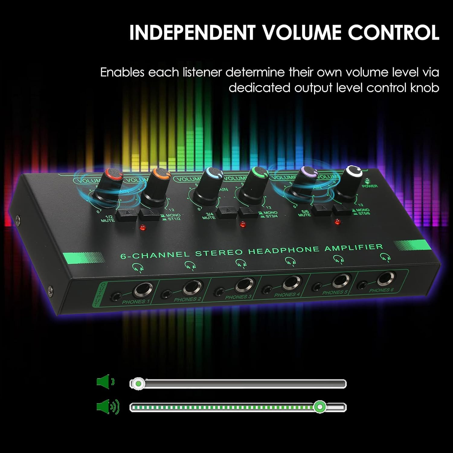 Headphone Amplifier, 6-Channel Stereo Headphone Amplifier Compact 6 Channels Mini Audio Stereo Headphone Amp with 6.35Mm/3.5Mm Input Volume Control In-Ear Monitoring System for Stage and Studios image number 6
