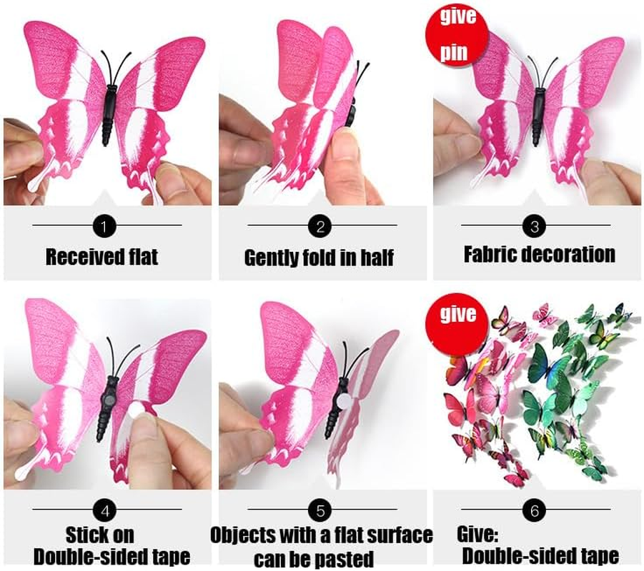 24Pcs Butterfly Wall Decor 3D Butterflies Stickers Lifelike Butterfly Decoration Removable and Reusable Removable Stickers Wall Decals (Red, Green) - Blue, Yellow image number 3