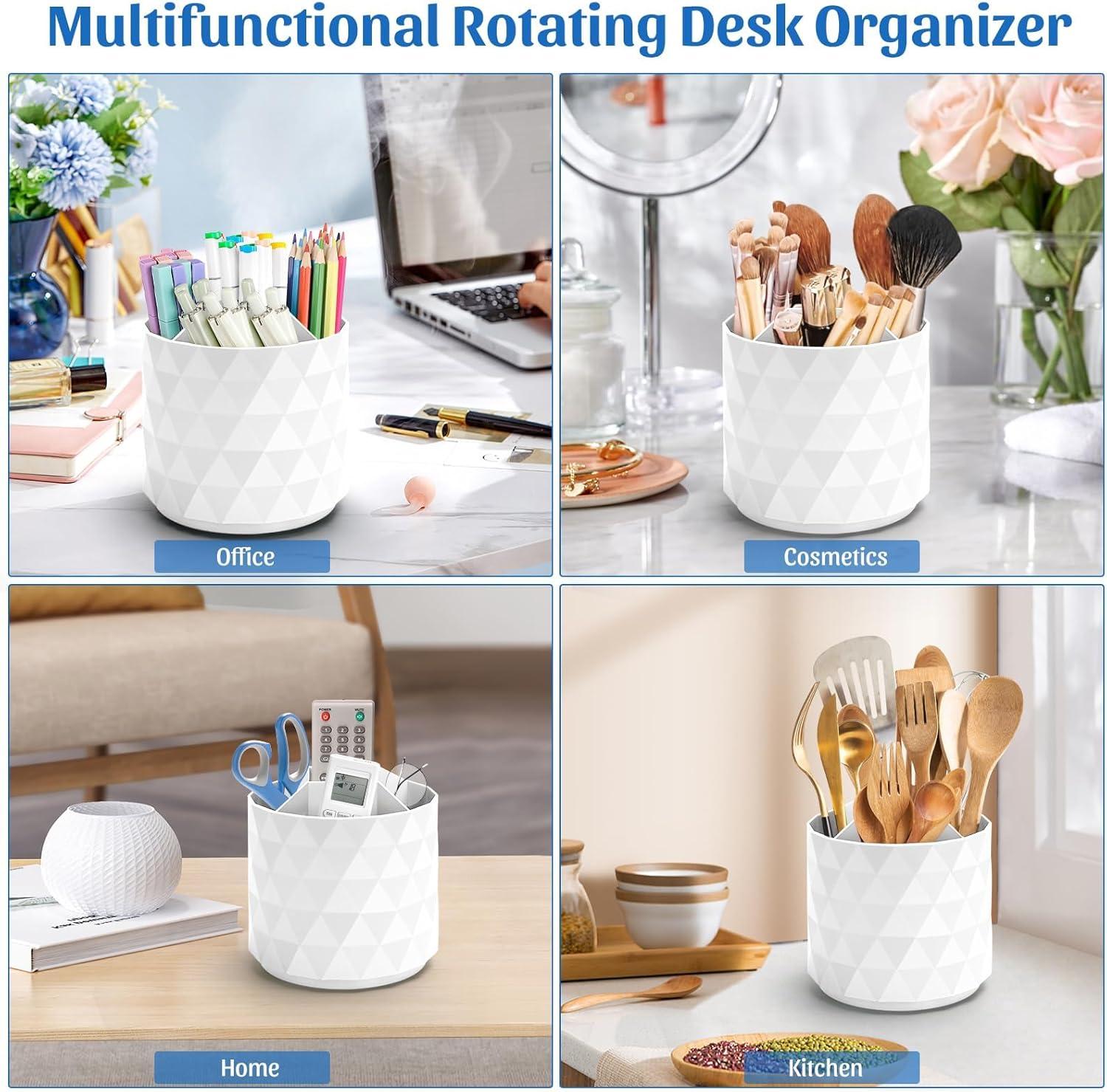 DUOMIAO Desk Organizer,Sparkling Diamond-Like Pen Holder for Desk 360&deg;Rotating Office Desk Accessories,Pencil Cup with 5 Compartments Storage Box Caddy for Office,School,Home,Art Supply. (White) image number 3