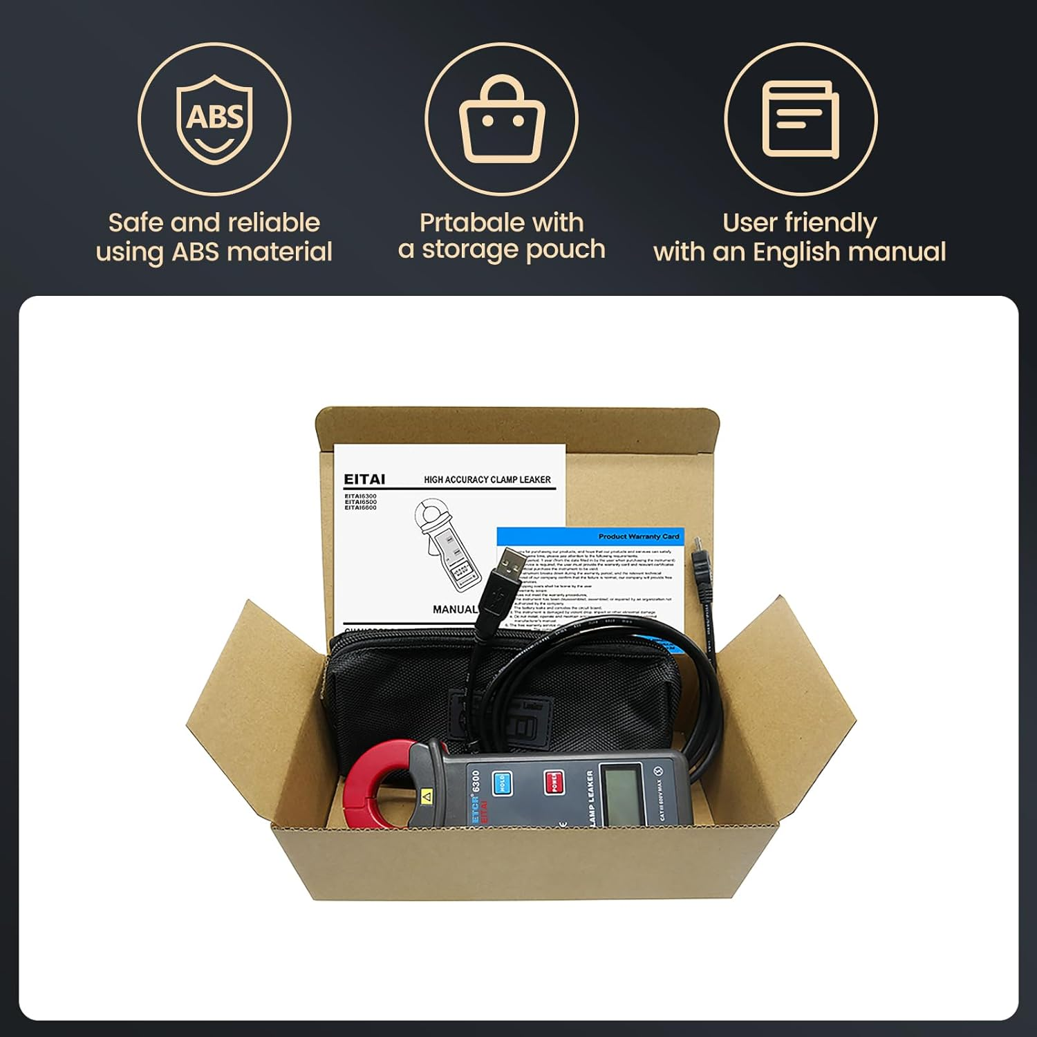 EITAI-ETCR6300 Digital Leakage Current Clamp Meter, 1Ua Resolution, 0.001Ma-60A, &Phi;1.2Inch/30Mm, Manufacturer Direct Sales, High Precision Amp Clamp Meter, High Accuracy