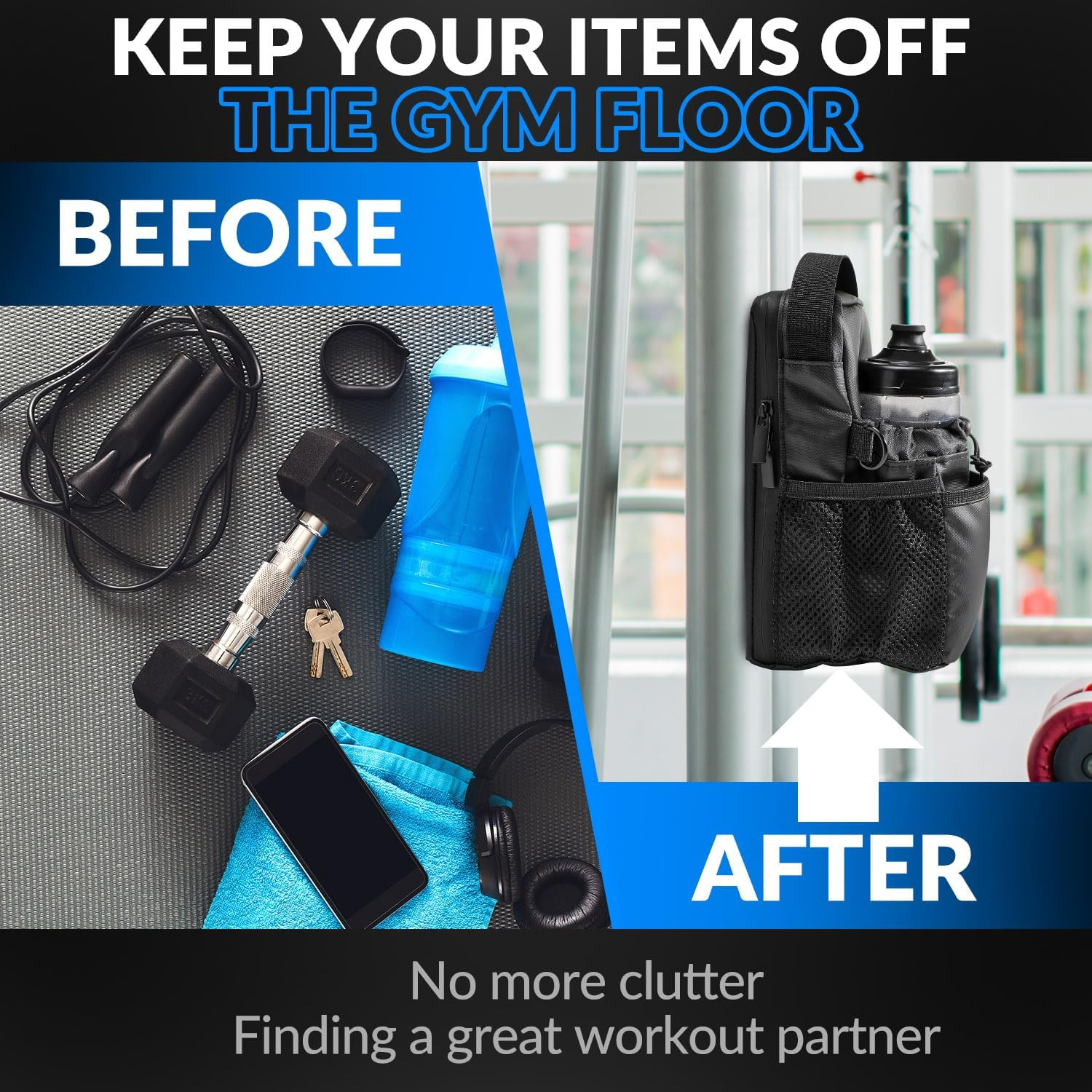 WOTOW Magnetic Gym Bag, Waterproof Zippered Gym Magnetic Bag with Multiple Pockets and Adjustable Shoulder Strap Gym Accessories Organizer for Men and Women Gym Hiking Sports Travel (Black) image number 2