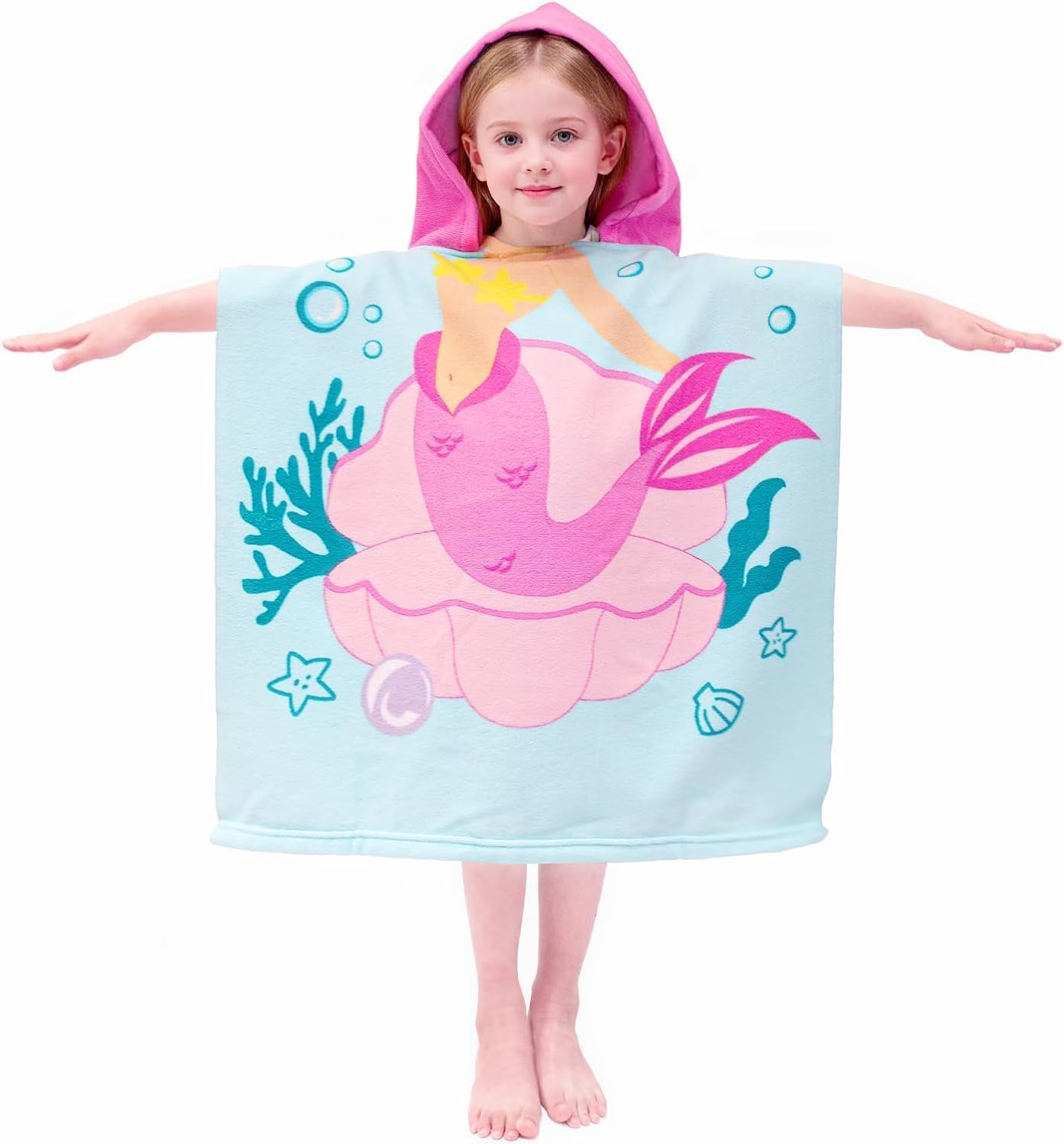 Hooded Kids Beach Towels - Toddler Bath Towel Girls Boys Swim Cover-Ups for Ages 1 to 6 Kids Pool Towels Quick Dry Lightweight Soft Microfiber Poncho Towel 60 X 120Cm (Mermaid Seashell)