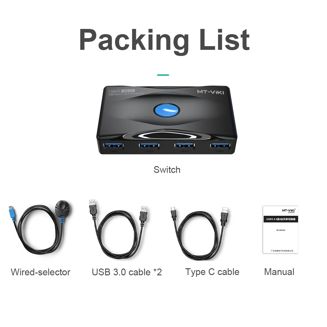MT-VIKI USB 3.0 Switch 4 Ports KVM Switch for 2 Computer Sharing 4 USB Devices, 5Gbps Highspeed, 2 in 4 Out USB Swithcher Selector for Mouse, Keyboard, Scanner, Printer with 2 Pcs USB Cable a to A image number 5