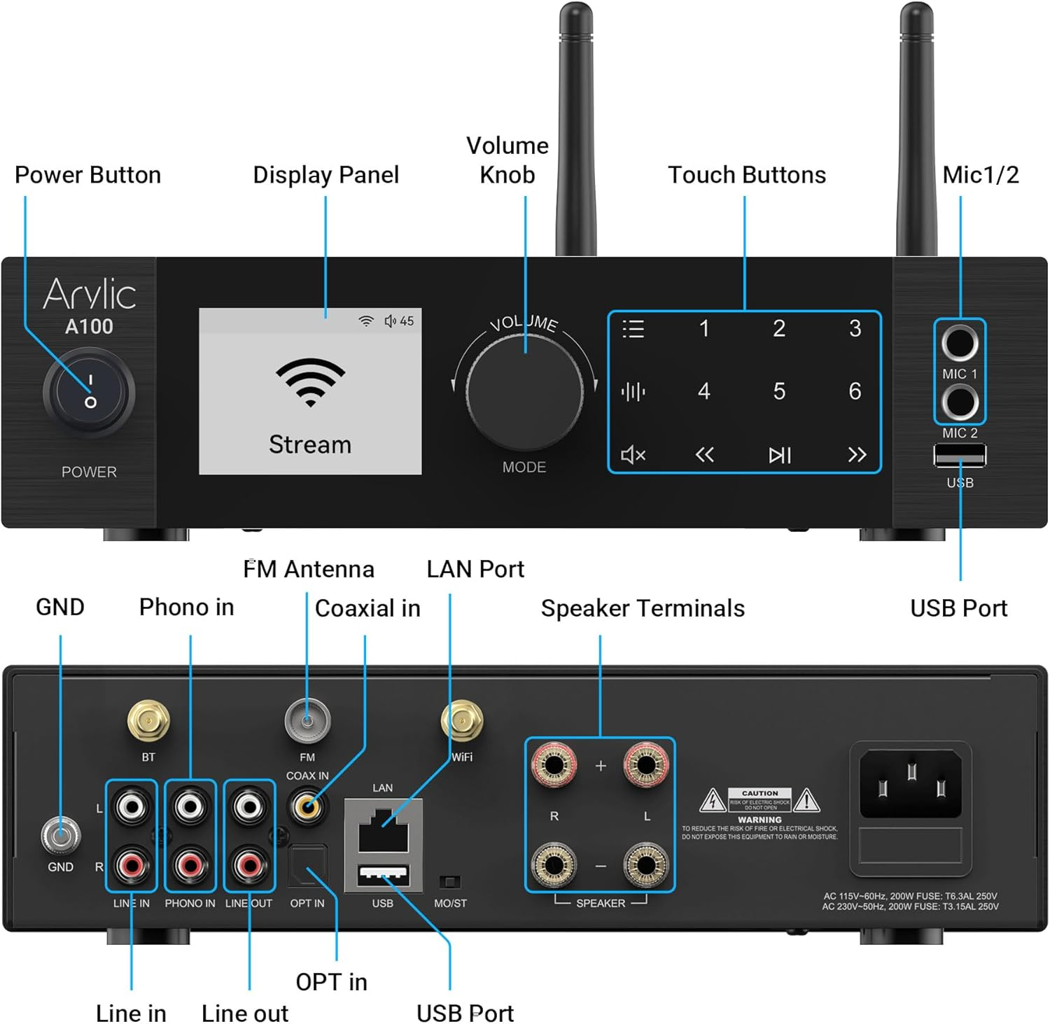Arylic A100 Wireless Full Digital Hifi Amplifier with FM Radio, 100W&times;2 Wifi & Bluetooth Audio Receiver, Supports Airplay, Spotify Connect,Multiroom, Ideal for KTV, Home Theater, and Broadcasting. image number 5