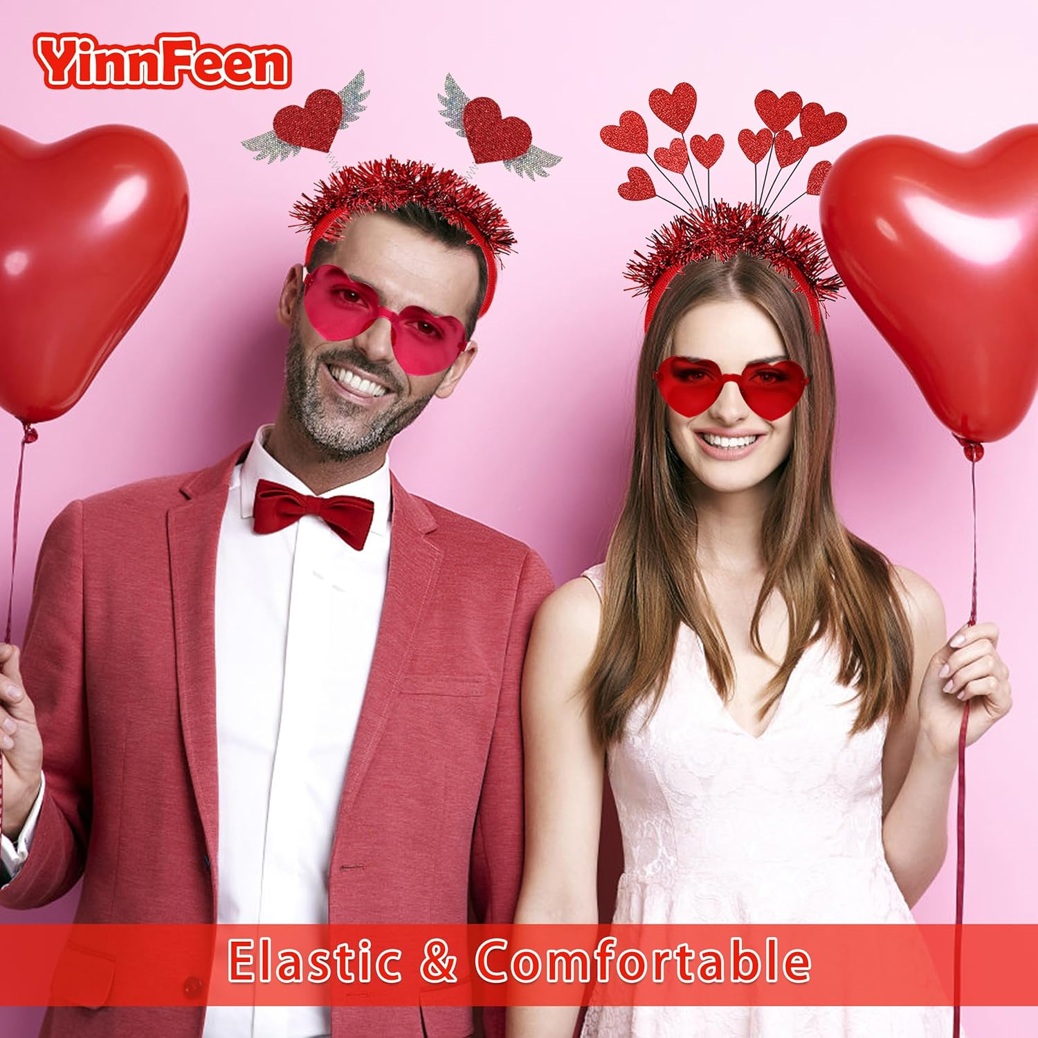 Valentines Day Headband Set, 6 Pcs Red Heart Headband and Heart Sunglasses Love Shaped Hair Hoop Headwear for Party image number 4