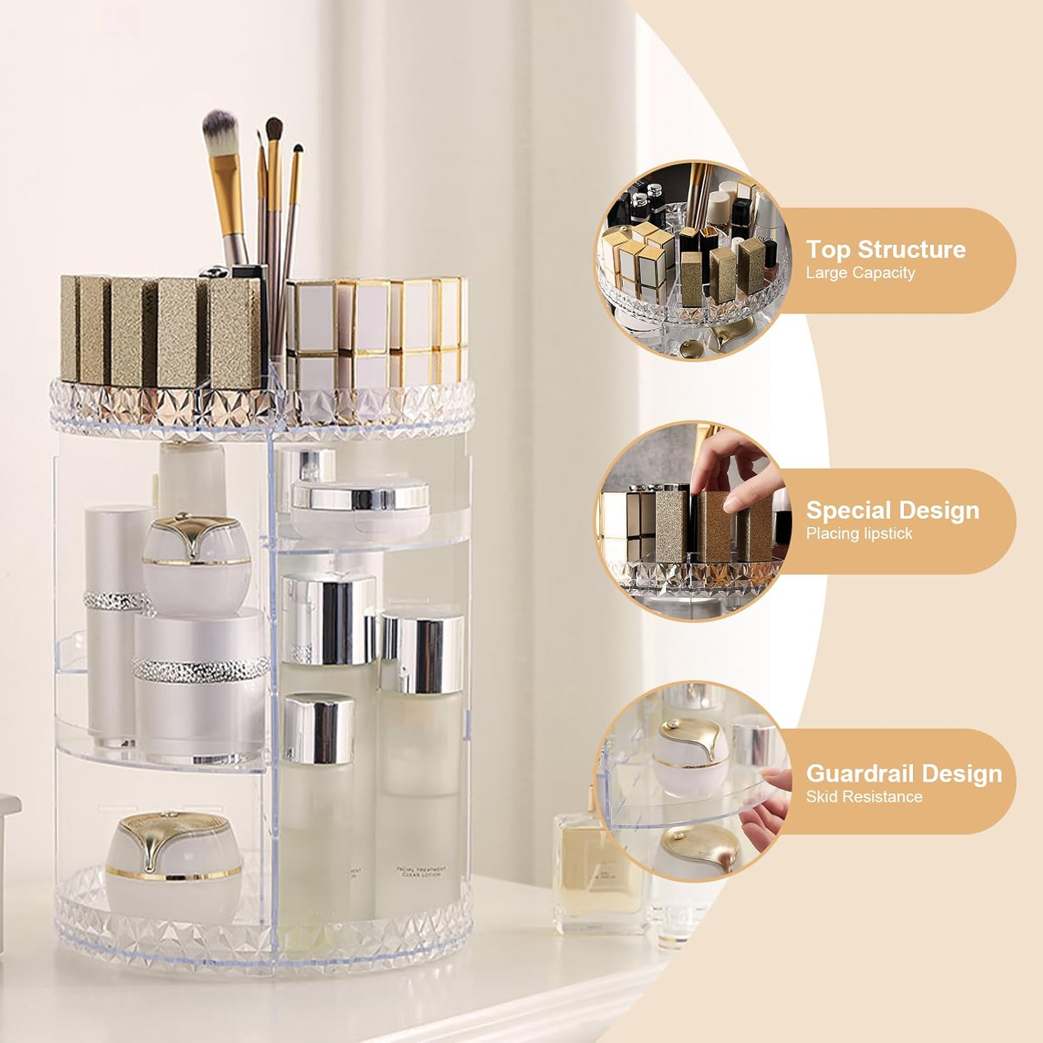 KXF 360&deg; Rotating Desktop Transparent Diamond Pattern Cosmetic Organizer Adjustable Shelf Height Spinning Makeup Storage Rack Box with Diamond Pattern for Dressing Toilet Vanity Table Countertop