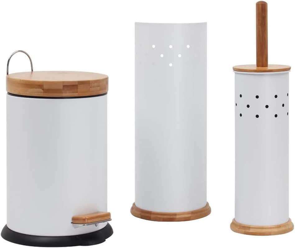 White Magic Eco Basics 3-In-1 Bathroom Set &ndash; Bamboo & Recycled Plastic &ndash; Rust-Resistant Chrome &ndash; Includes Toilet Brush, Roll Holder & 3L Bin &ndash; Practical & Stylish &ndash; White