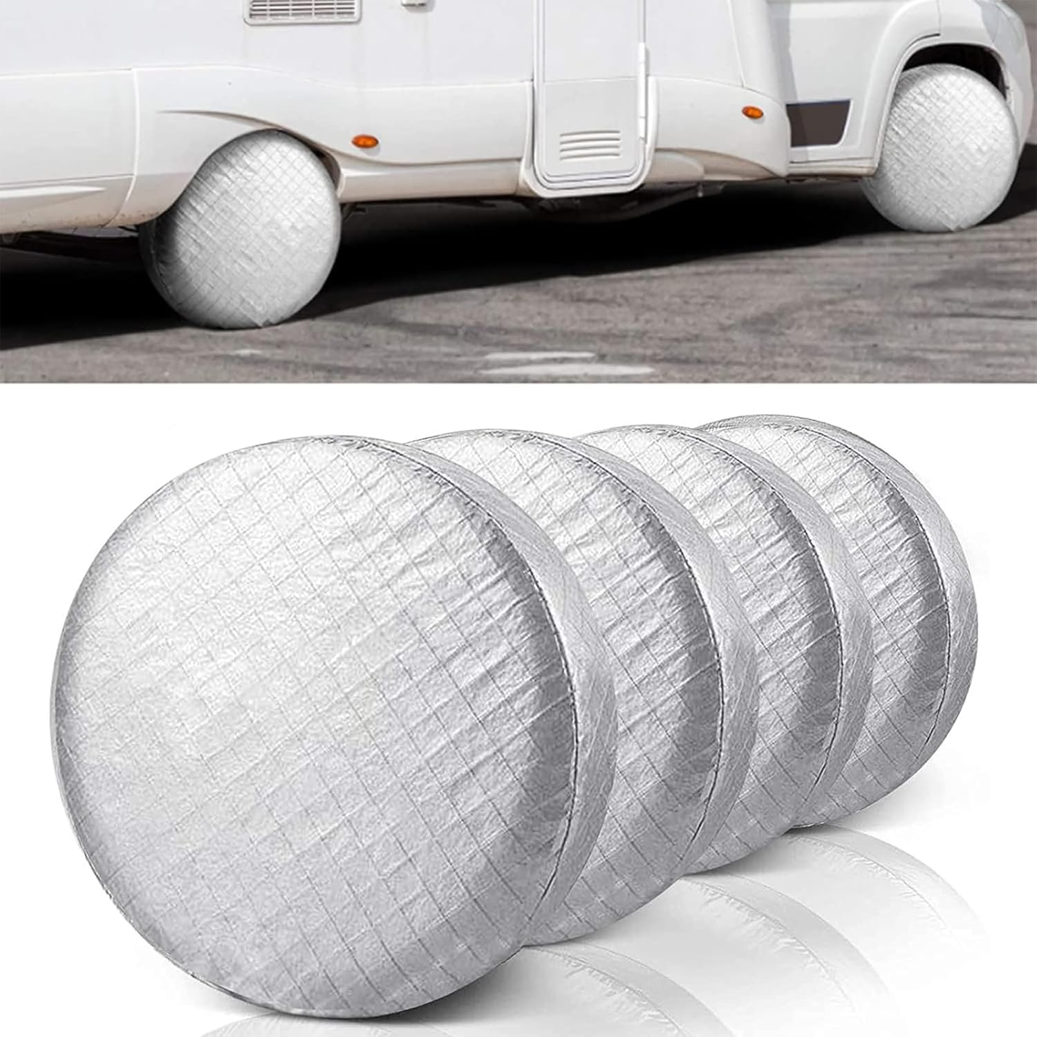 4-Piece Tire Covers - Waterproof, Dustproof Aluminum Film, Anti-Uv Spare Wheel Protectors with Hooks for Car, RV, SUV, Truck, and Trailer (Fits 45-56 Cm Tire Diameter) - Silver image number 5