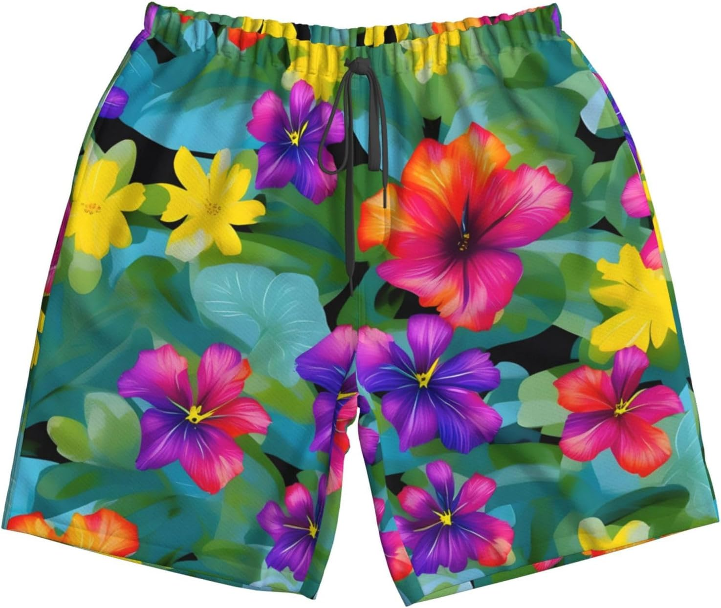 WURTON Hawaiian Colorful Flower Print Men'S Beach Shorts Hawaiian Summer Holiday Casual Shorts with Drawstring, Quick Dry image number 2