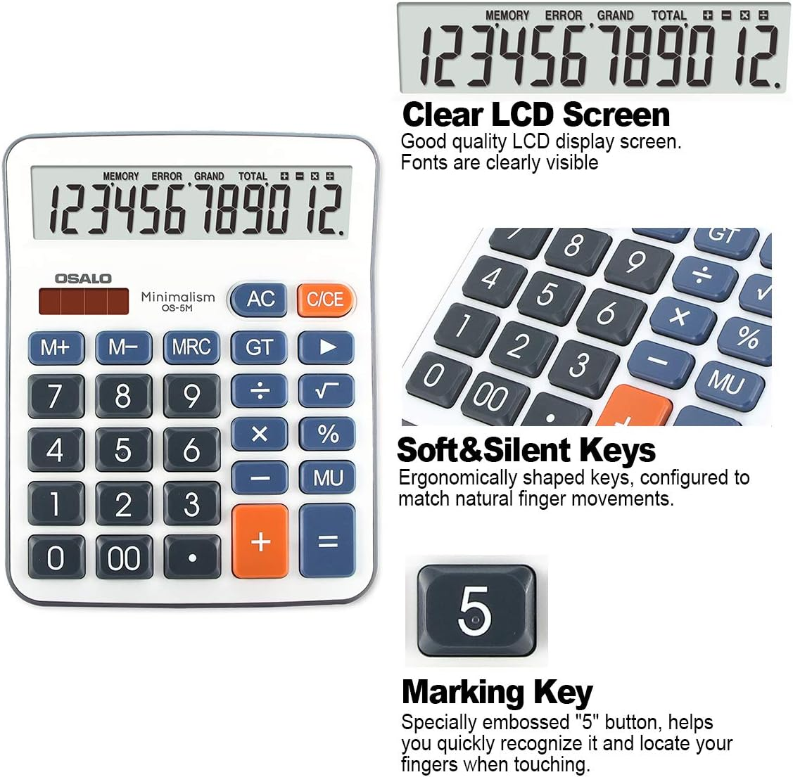 OSALO Calculator Large Buttons Large Display 12 Digit Big Desktop Office Calculator (OS-5M)