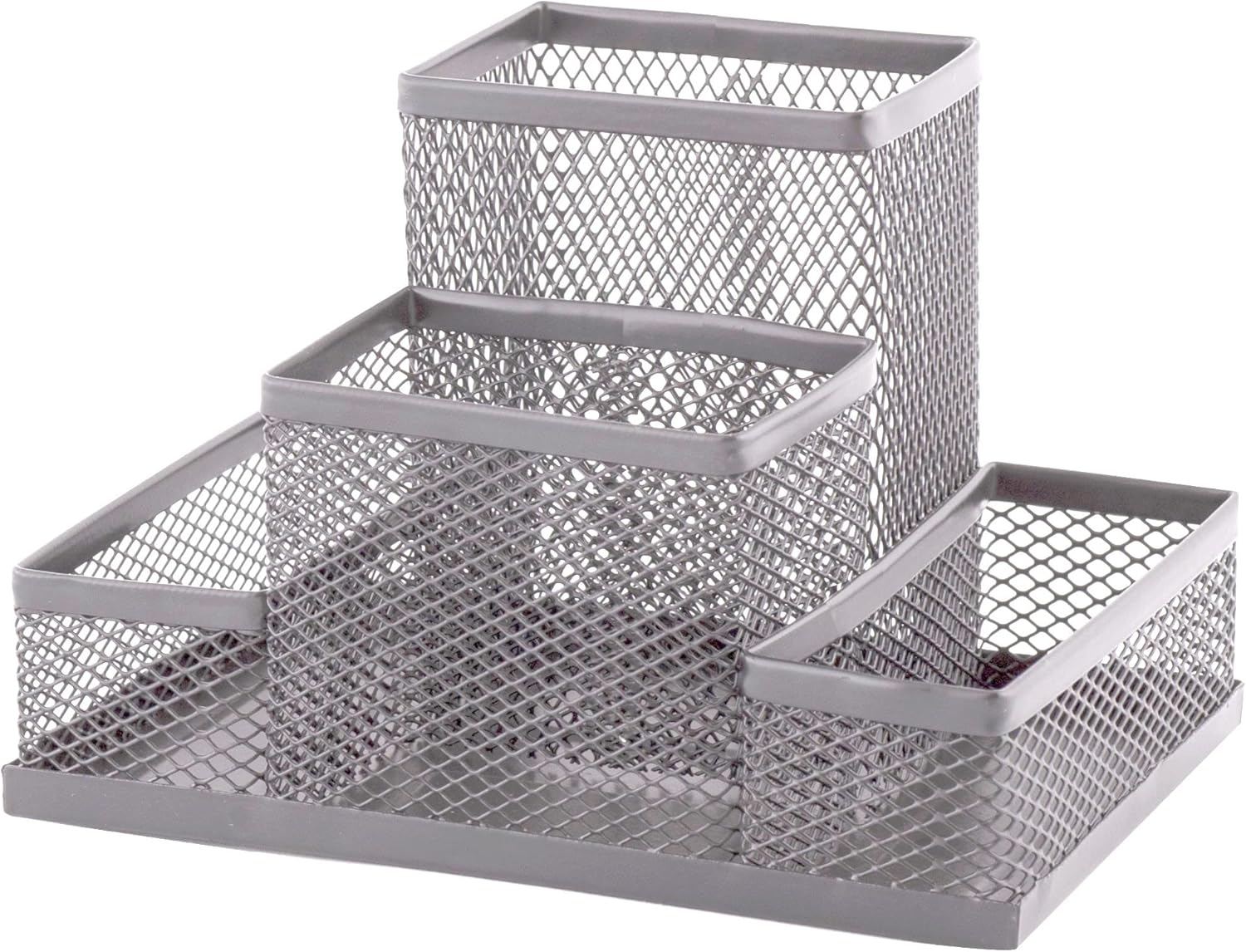 D.RECT KOMO Desk Organiser - 4 Compartments Metal Mesh Pen Holder - Multifunctional Office Accessories Utensil, Silver