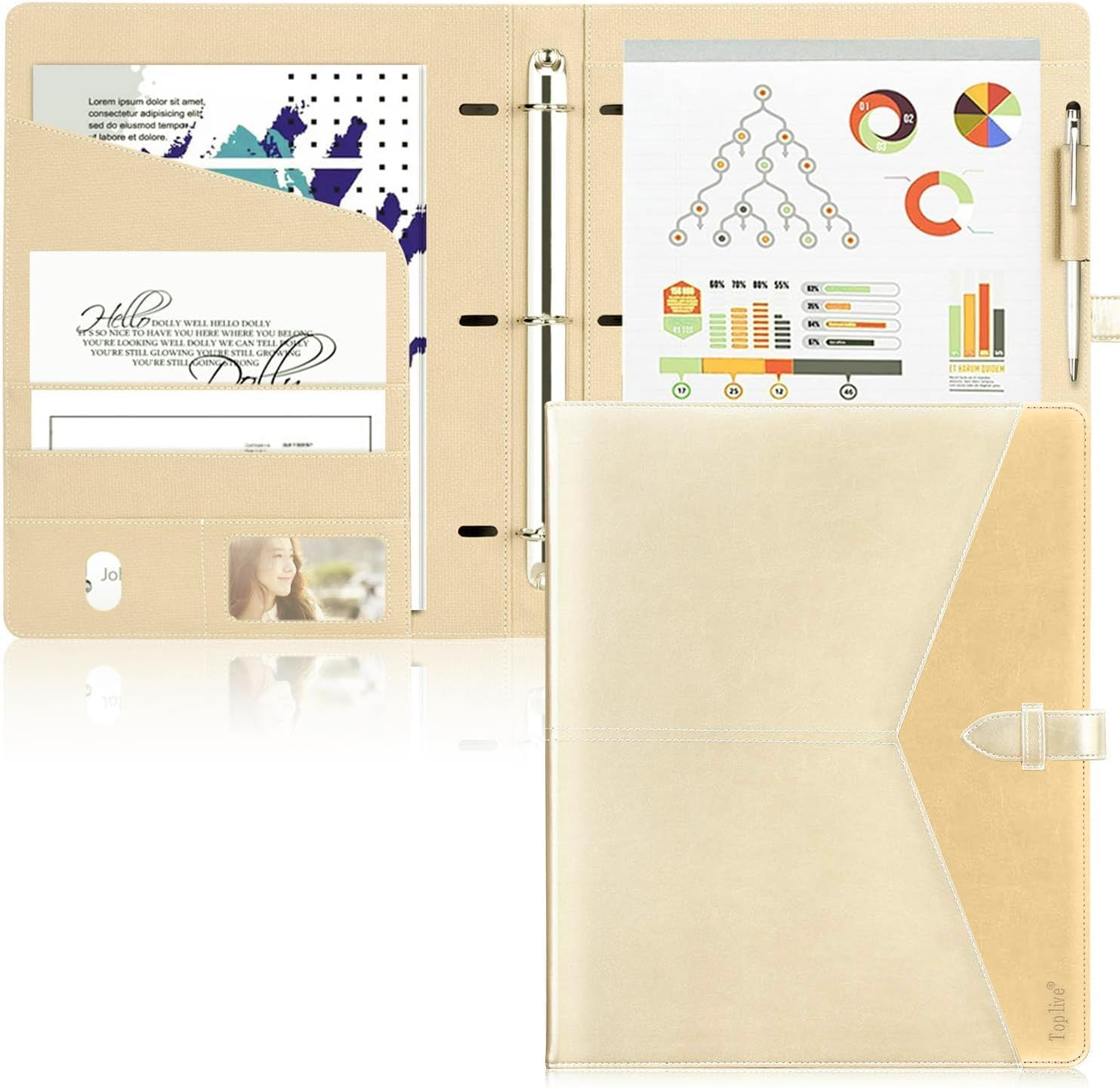 Toplive Padfolio 3 Ring Binder (1'' round Ring) Business Portfolio Folder for Interview, Conference and Presentation, Gold image number 4