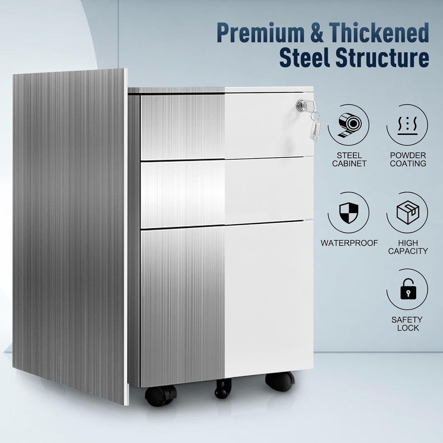 Steel File Cabinet 3 Drawers Metal Office under Desk Document Storage Furniture White Vertical Locking Mobile Filing Organiser Unit on 5 Wheels image number 2