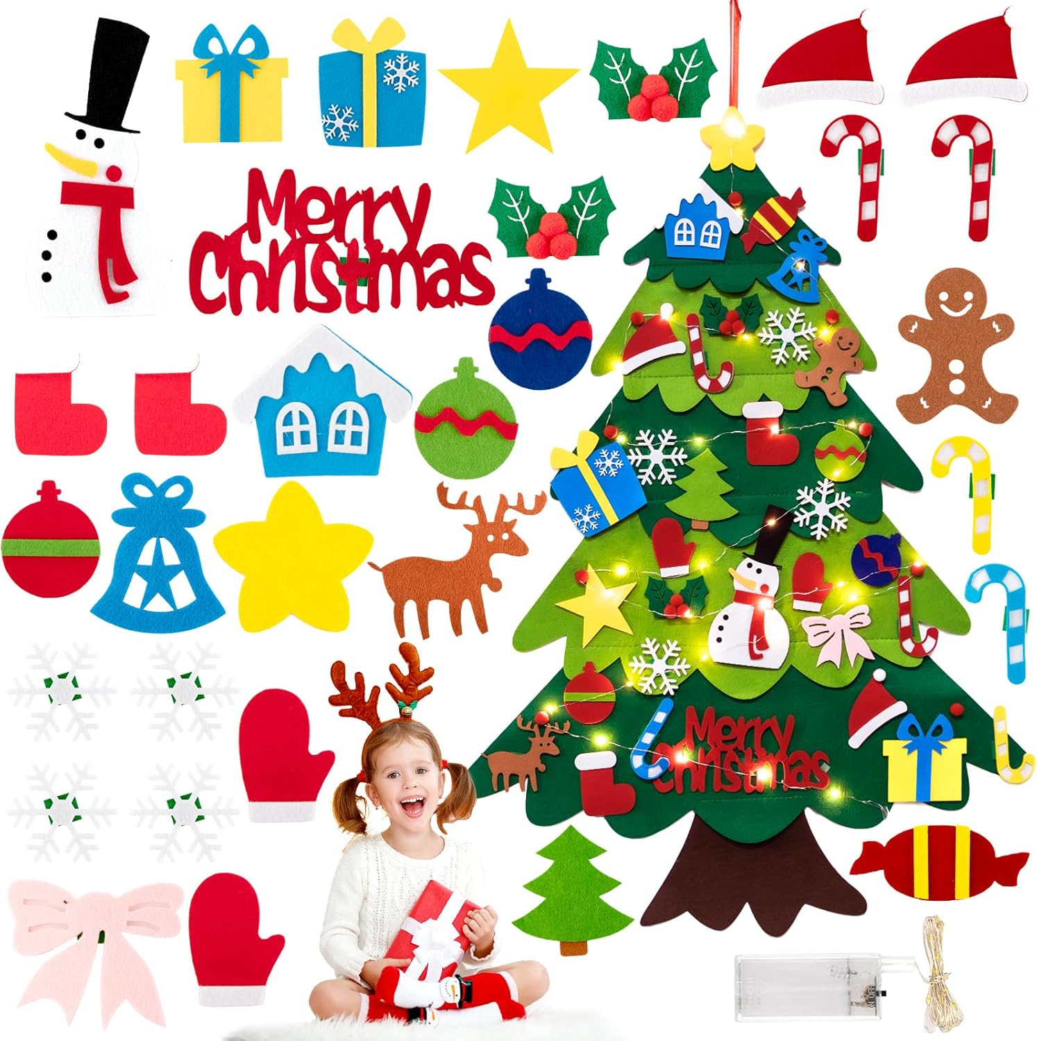 Felt Christmas Tree Set for Toddlers Kids with 3M/9.8Ft Led String Light, 3.2Ft/98Cm Wall Hanging DIY Christmas Tree with 32 Detachable Ornaments for Xmas Home Decoration image number 6