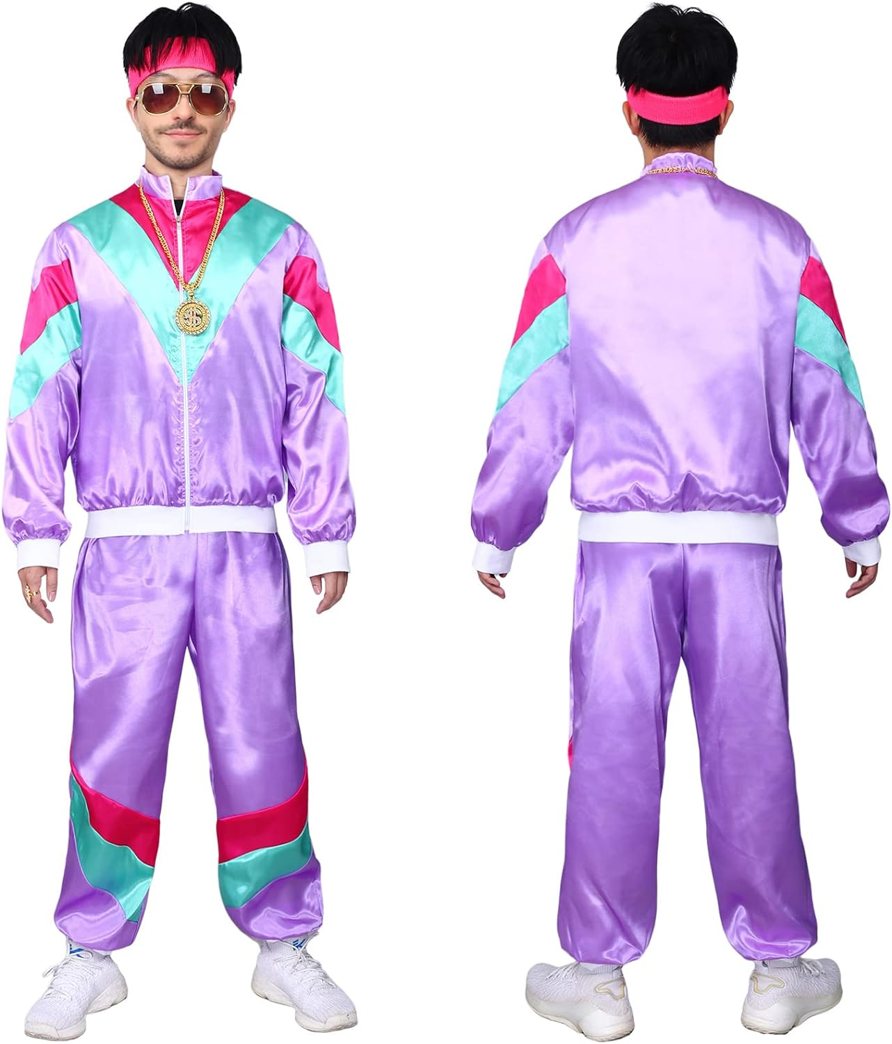 Shell Suit Costume Set 80S Fancy Dress Men Women Tracksuit with Glasses Headband Wristbands for Carnival Parties Halloween image number 6