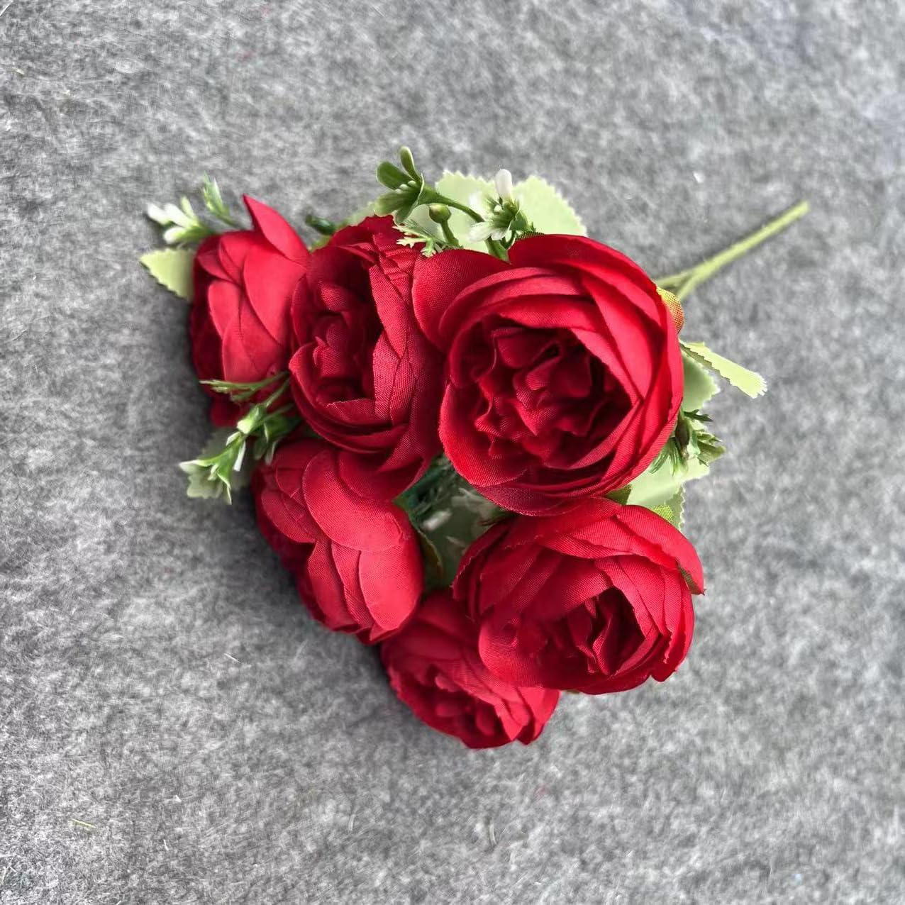 Hbluefat Fake Flowers in Vase,Mini Artificial Flower with Golden Ceramic Vase,Small Silk Roes Faux Flower Arrangements for Home Office Dining Table Centerpiece Coffee Table Decor (B Style,Red-Bud) - B Style,Red-Bud image number 5