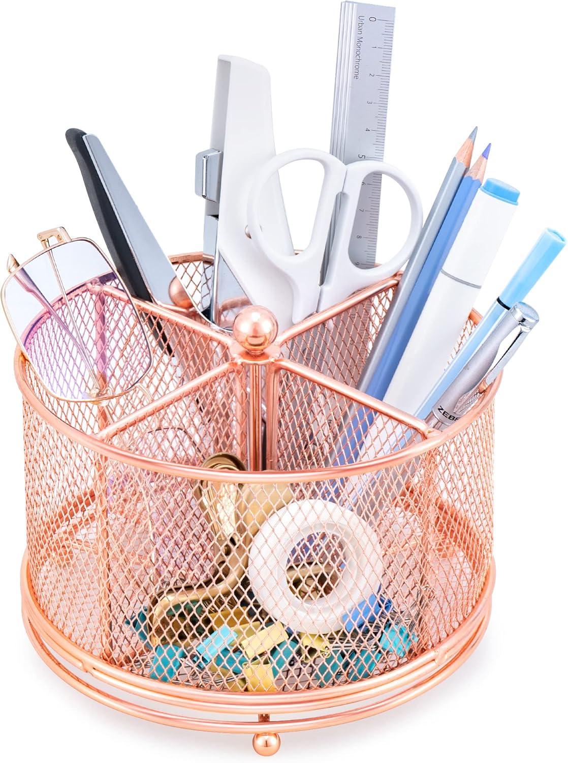 Varhomax Desk Organizer Black, 360&deg; Rotating Pencil Holder & Makeup Brush Pen Holder for Home Office Supplies - 4 Compartments Mesh Organizer with Large Storage Capacity