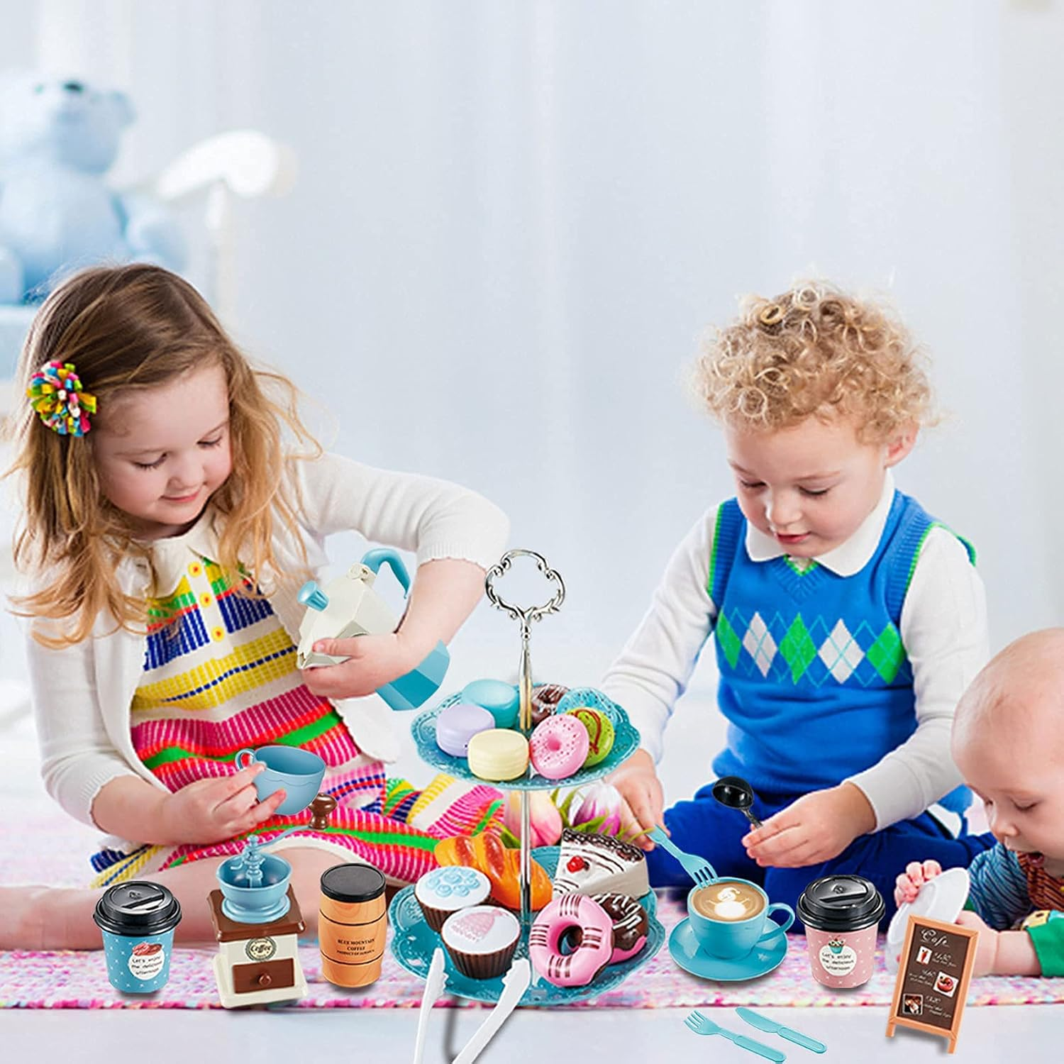 Pretend Tea Party Set for Little Girls, 38 PCS Coffee Maker Set and Play Food Dessert Set for Kids Age 3 4 5 6 7 8 9, Kids Kitchen Pretend Play for Princess Girls Boys