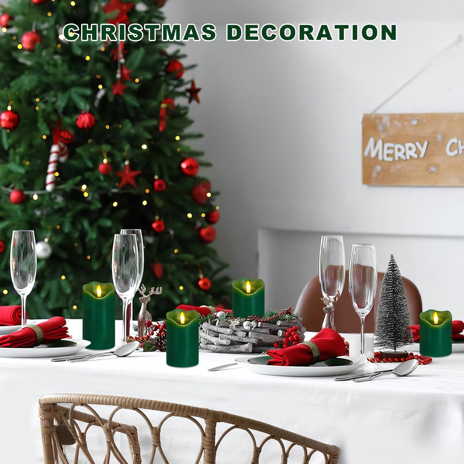 Flameless Candles Lights, Set of 3 Orange Flickering LED Candles with Remote & Timer, Dimmable LED Pillar Candles Battery Operated, Electric Candles for Fall Halloween Thanksgiving Decor (Green) image number 4