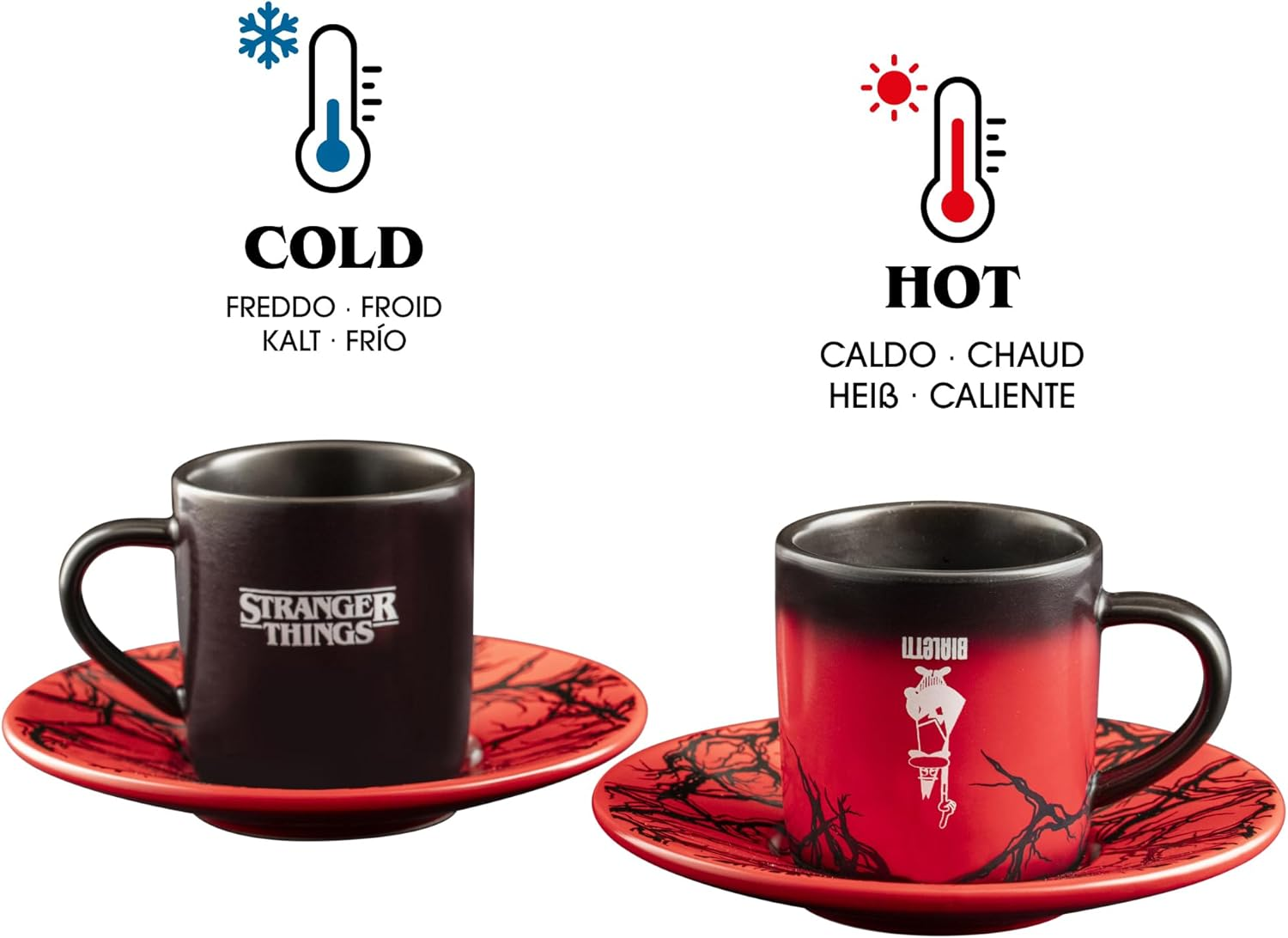Bialetti Stranger Things Espresso Cups with Saucers - Thermosensitive Colour-Changing Design - Heat-Activated Colour Transformation - Not Dishwasher Safe - 80 Ml Capacity Each, Black (Set of 2) image number 3
