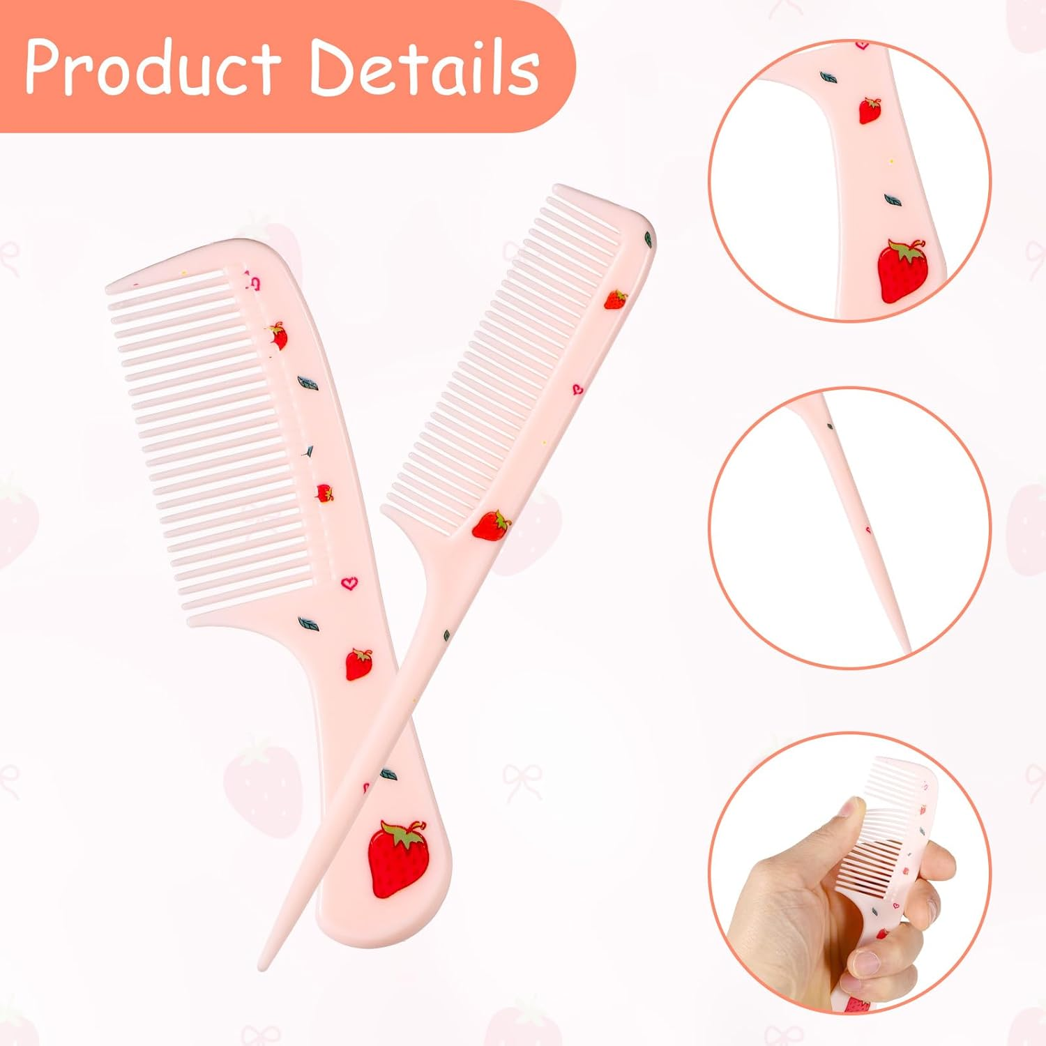 2Pcs Cute Hair Comb Set, Pink Strawberry Comb Fine Tooth Comb and Rat Tail Comb Toddler Hair Comb Small Girl Comb Plastic Mini Kids Comb for Women Girls Children All Hair Types image number 1
