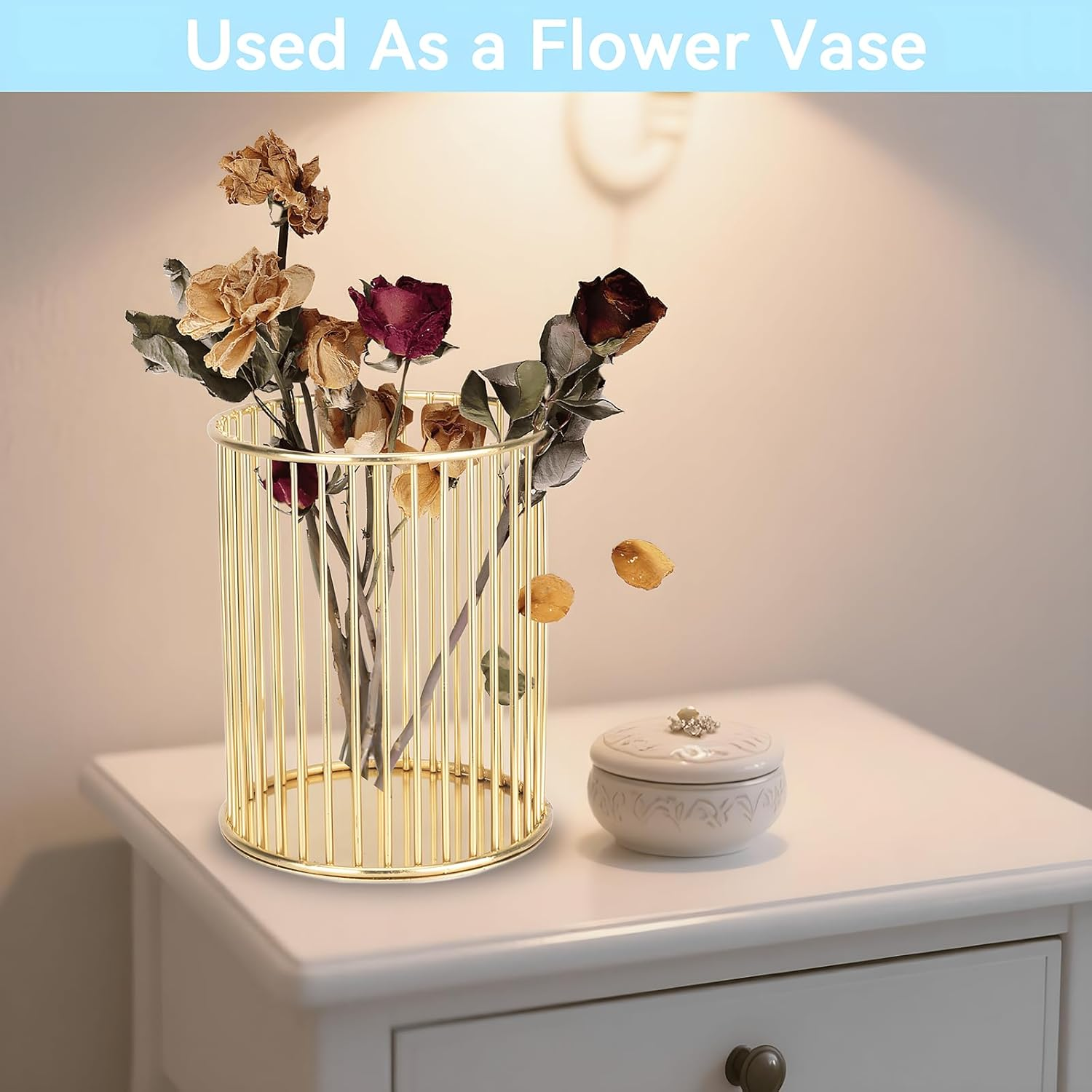 WATUNID Metal Pen Holder with 2 Pieces Diamond Pens and Gold Signing Pencil Stand Set, Makeup Brush Holder, Openwork round Art Table Accessories, Mesh Pen Pot Pen Holder for School, Office, Home image number 2