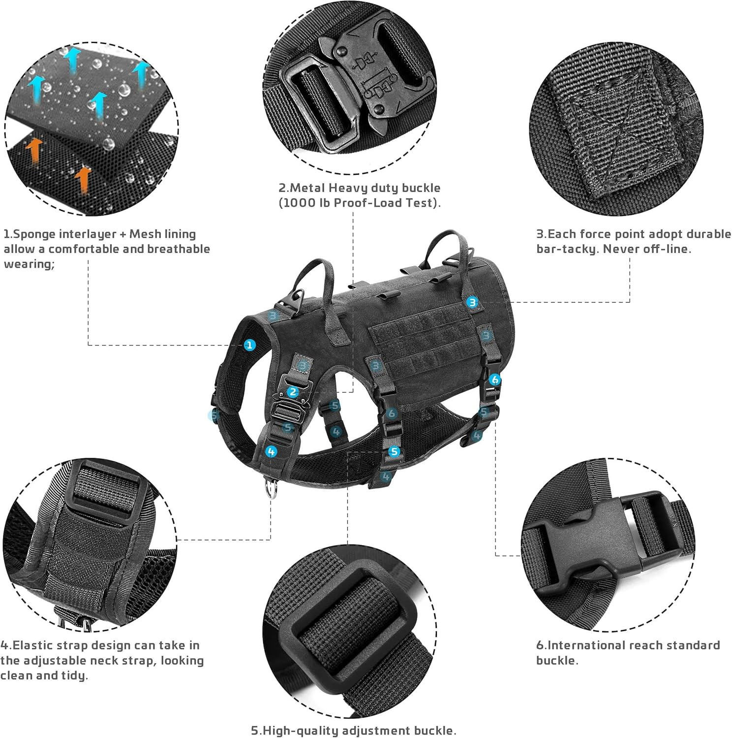 Durable Nylon Dog Harness Military Tactical Dog Harness Pet Training Camping Hunting Harness Vest Medium Large Dog German Shepherd French Bulldog Adjustable Harness,Khaki ,L