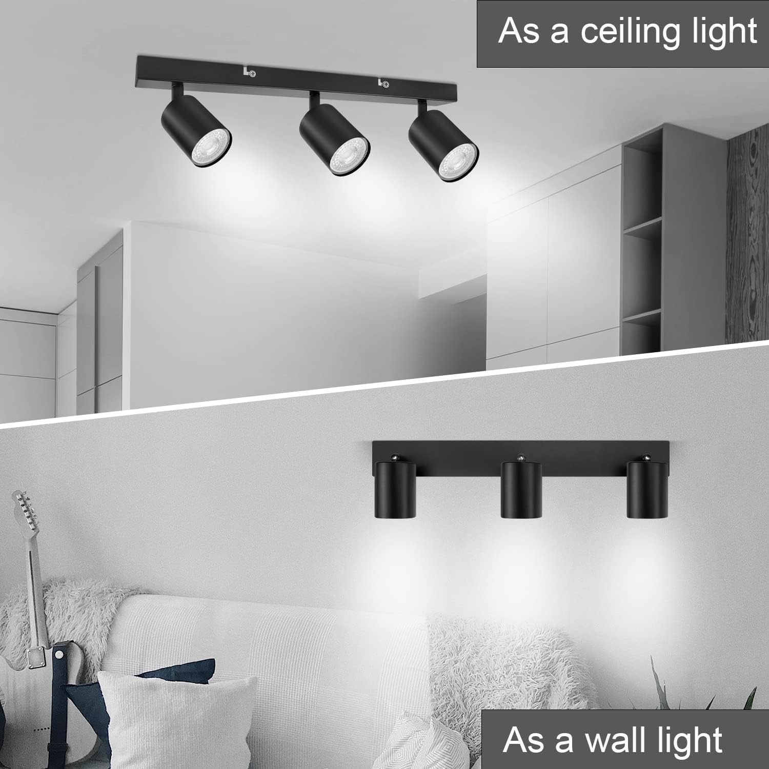 Dehobo Adjustable Ceiling Spotlights, Black Spotlight Ceiling Light with GU10 Socket, Modern Spotlight Rails and Rails, without Bulbs, 3 Spotlights for Kitchen, Bedroom, Living Room, Hallway, Dining image number 5
