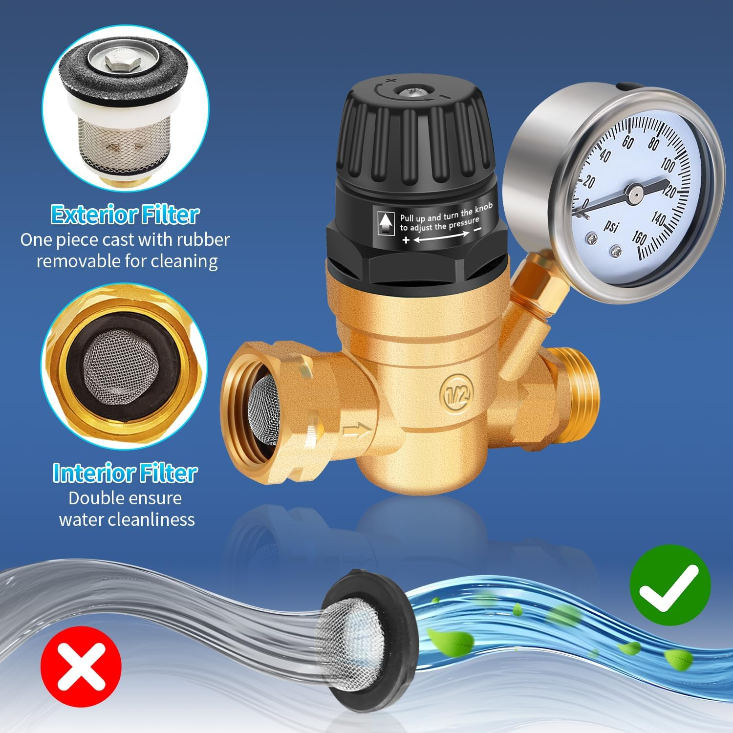Adjustable Handle RV Water Pressure Regulator with Gauge, Upgraded Lead-Free Brass Water Pressure Regulator for RV Camper, Hose Pressure Regulator Reducing Valve, Fit for RV Camper Travel Trailer image number 5