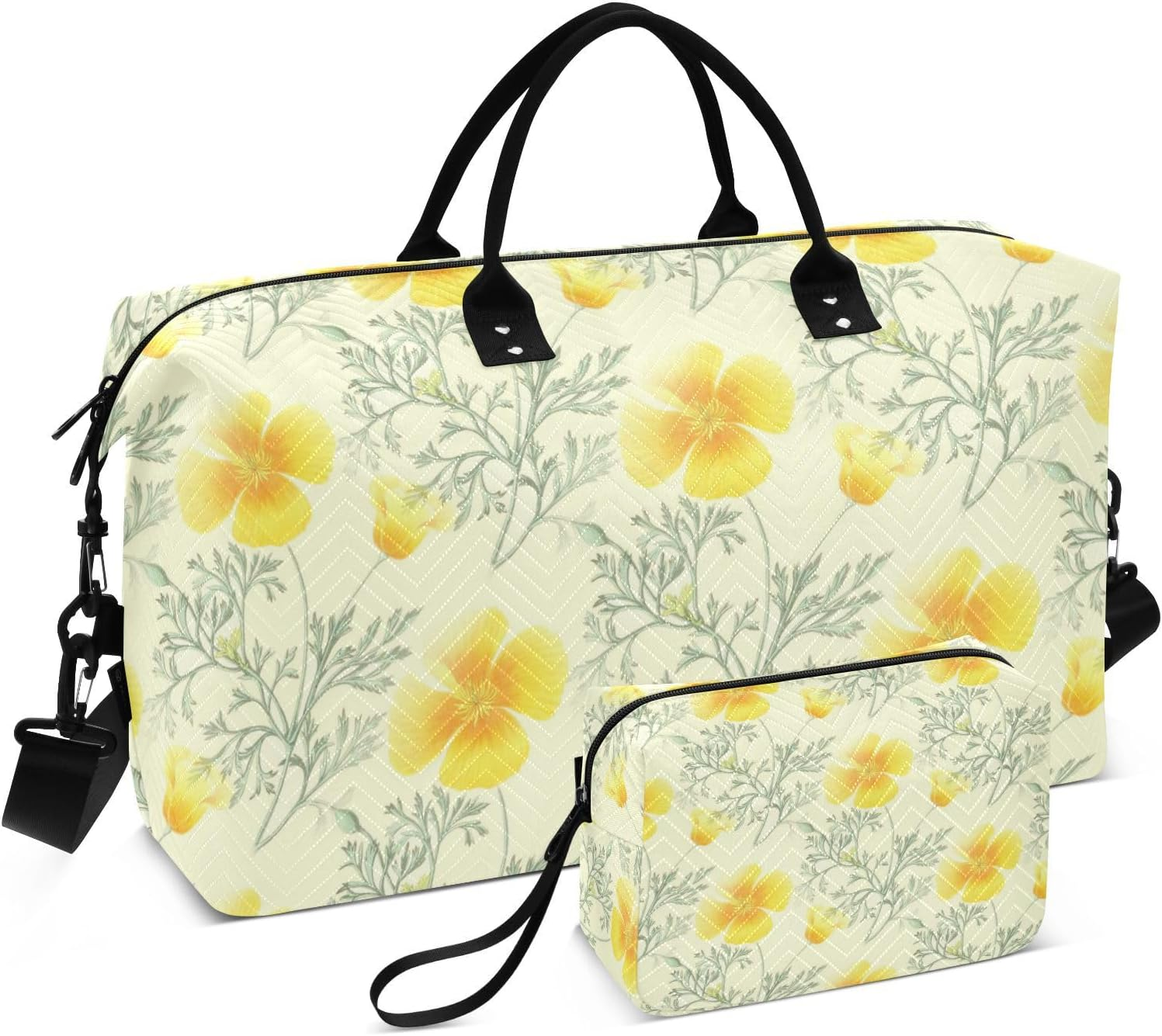 Large Travel Bag Weekender/Overnight Duffel Floral Flowers Yellow Gym Carry on Duffel Bags with Toiletry Bag, Deorative Floral, Set of 2, Art Deco image number 3