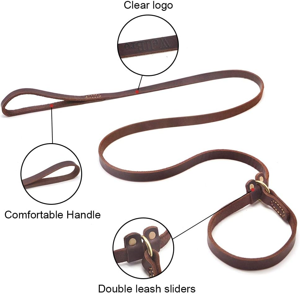 Wellbro Real Leather Slip Lead Dog Leash, Soft Adjustable Pet Slip Leads with Slider, Heavy Duty Flat Dog Training Leash for Medium and Large Dogs, 6Ft Long by 0.7 Inch Wide, Brown image number 5