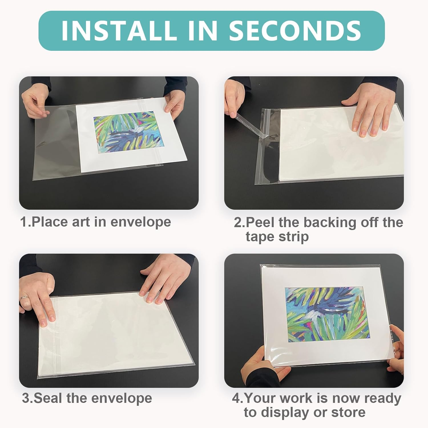 Acid-Free Picture Sleeves, 100Pack Crystal Clear Storage Bags for 12X12 Art Prints, Pictures, Photos, Frame Mats (Bag Size: 12 3/8" X 12 3/8") image number 6