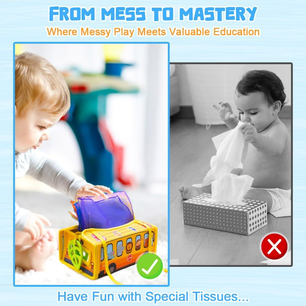 Baby Tissue Box Toy 6 Crinkle Papers 12 Silk Scarves-Montessori Toys for Babies 6 Months+-Sensory Tissue Box Toy Detachable to a Hanging Toy for Boys Girls Kids image number 1